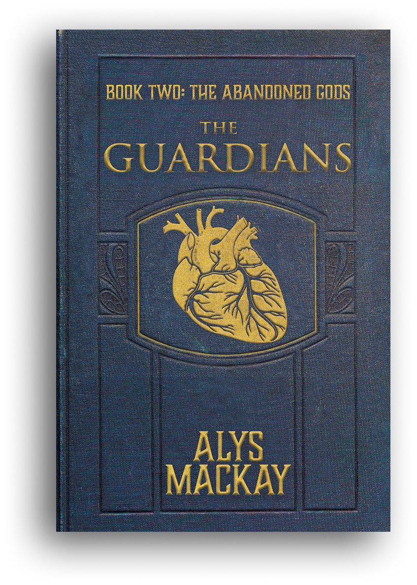 Cover of a book titled 'The Guardians' by Alys Mackay, part of a series called 'Book Two: The Abandoned Gods,' featuring an illustration of a human heart.