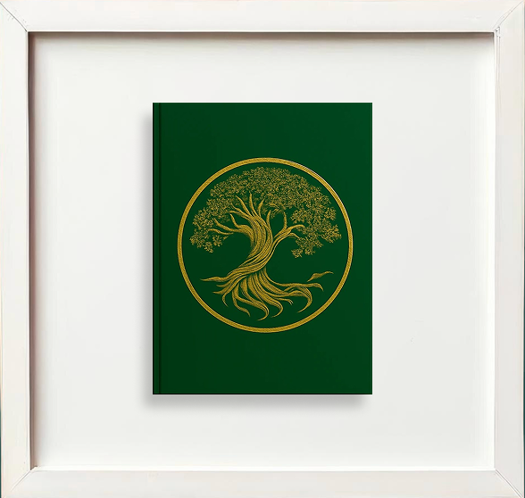 Green book with a gold emblem of a stylized tree inside a circle, displayed in a white shadow box frame.