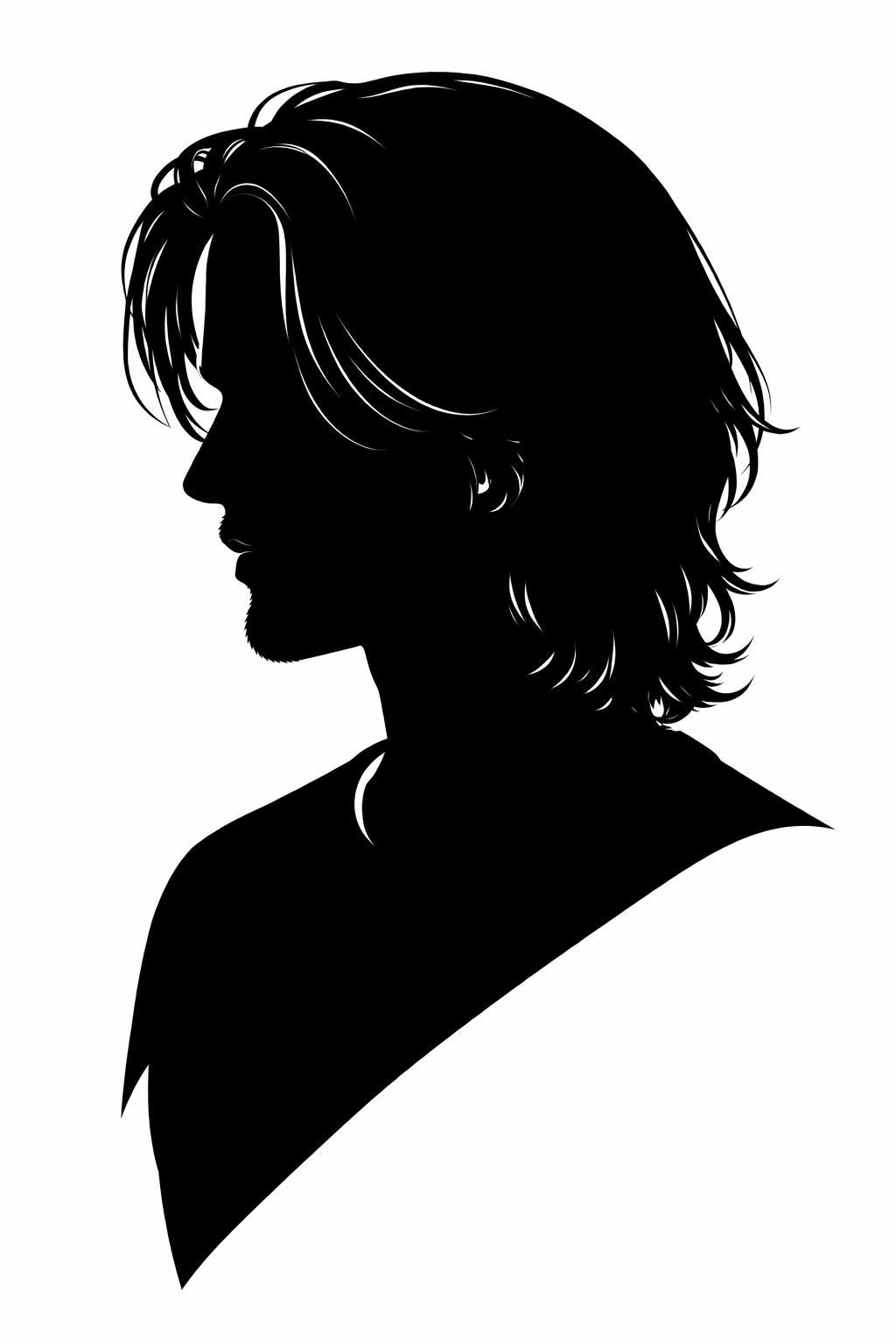 Silhouette of a man with long, wavy hair and a beard, facing left.
