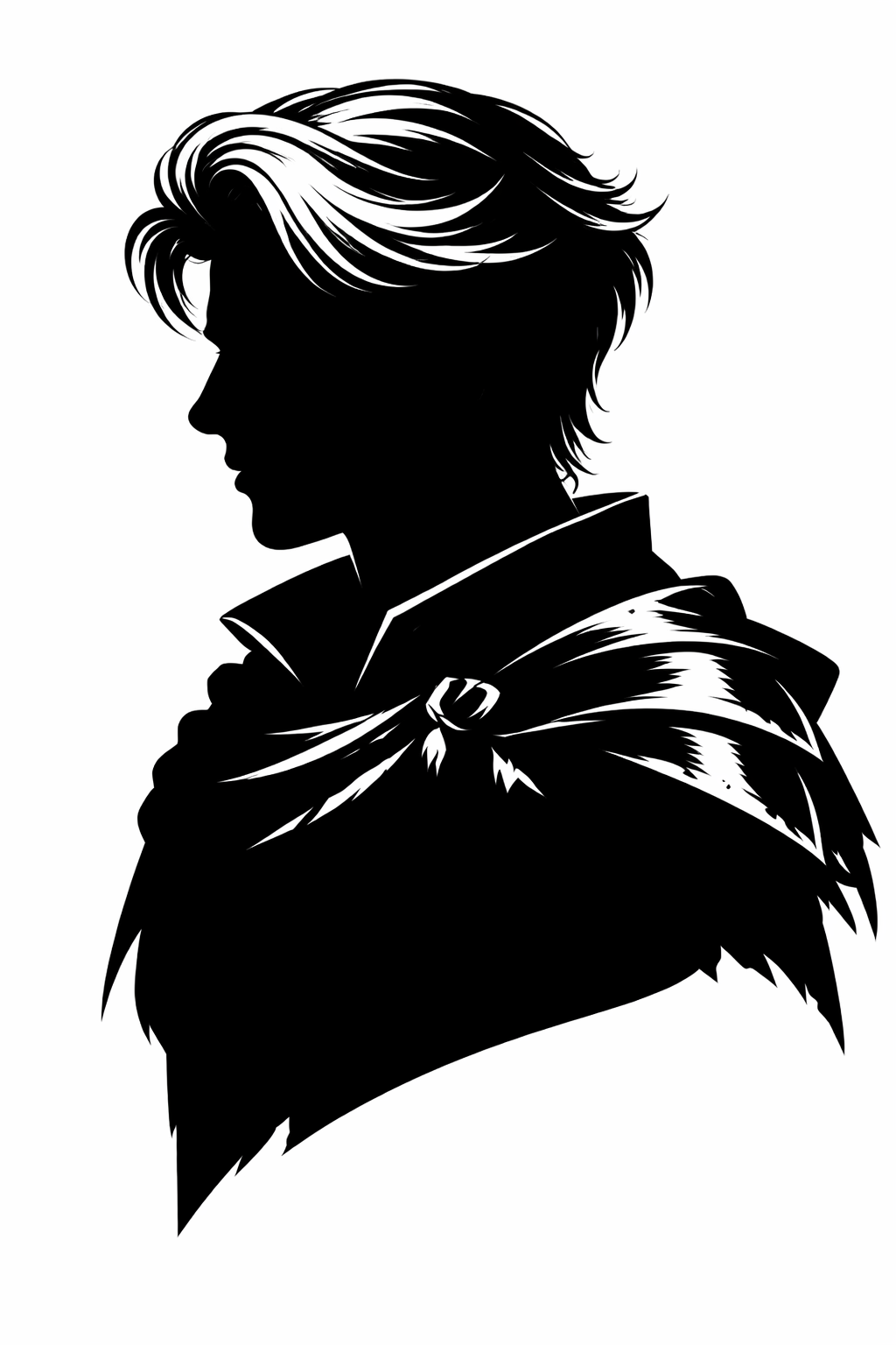 Silhouette of a person with styled hair wearing a cape or cloak.