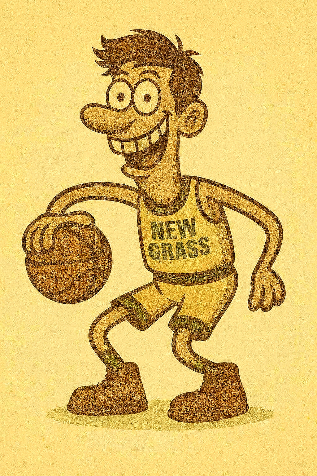 A cartoon character with a big nose, glasses, and brown hair, wearing a yellow tank top and shorts that says 'New Grass,' is playing basketball.