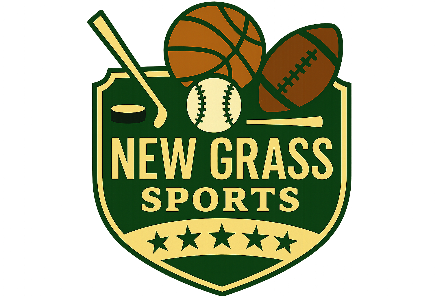 A sports logo featuring a hockey stick, a tennis ball, a basketball, and a football above the words 'New Grass Sports' with stars below.