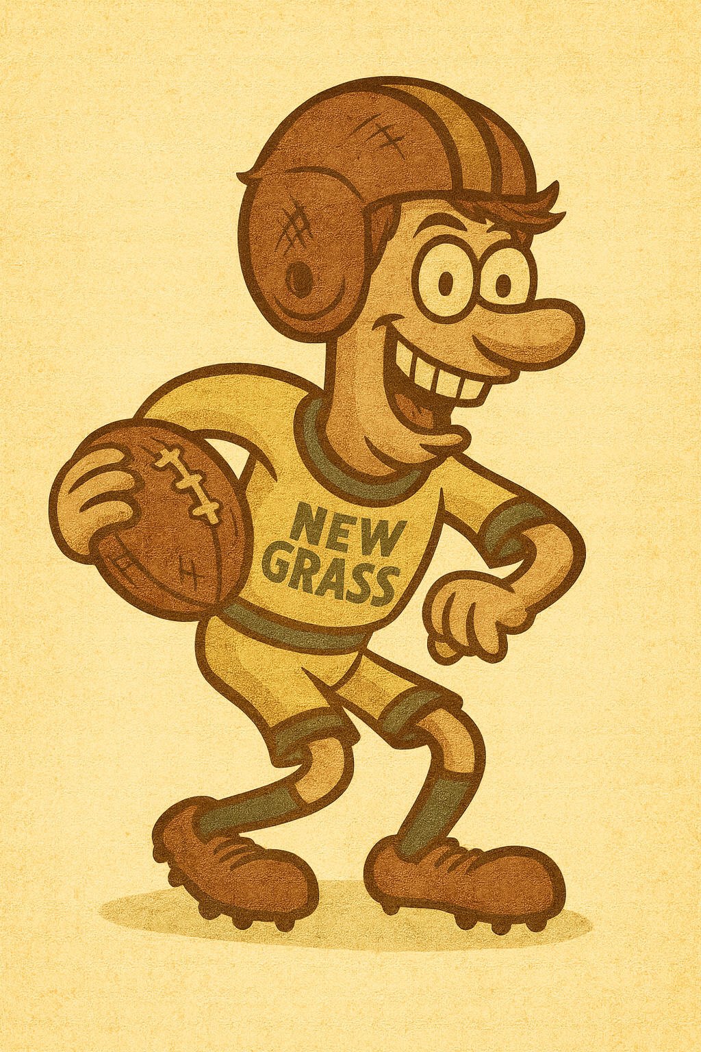 Cartoon character of a man with glasses, a big nose, wearing a yellow football uniform with 'New Grass' written on it, and a football helmet and shoes. He is holding a football and appears to be running.
