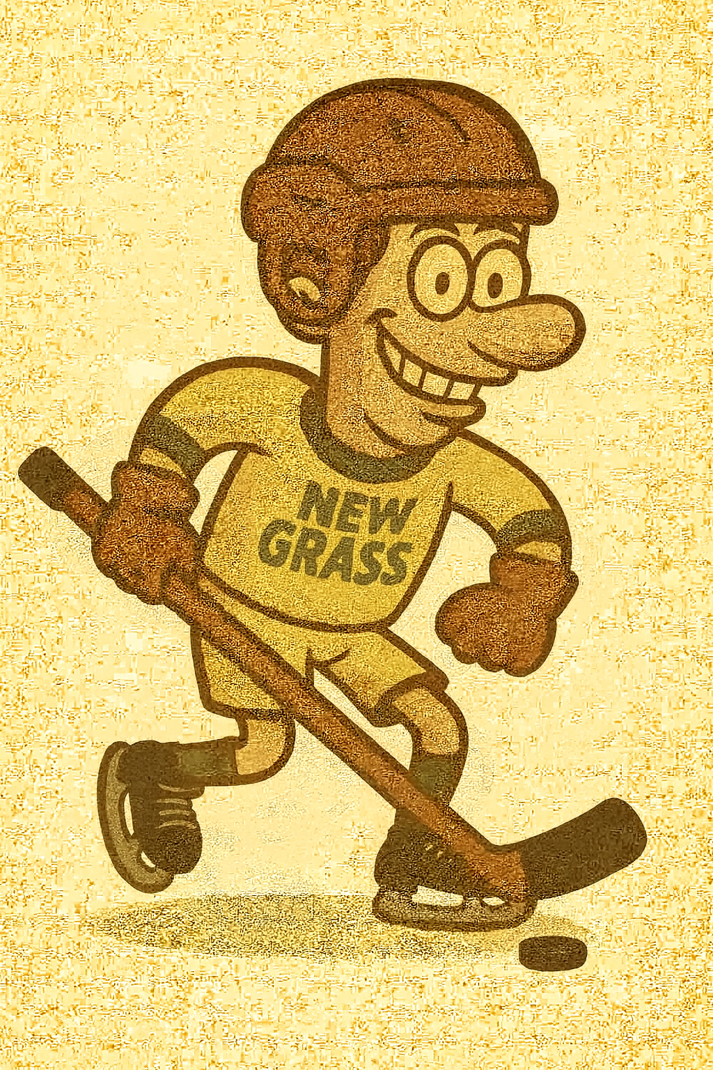 Cartoon character of a man with glasses, a helmet, and a big smile, wearing a yellow shirt with 'New Grass' written on it, playing hockey with a stick and puck.