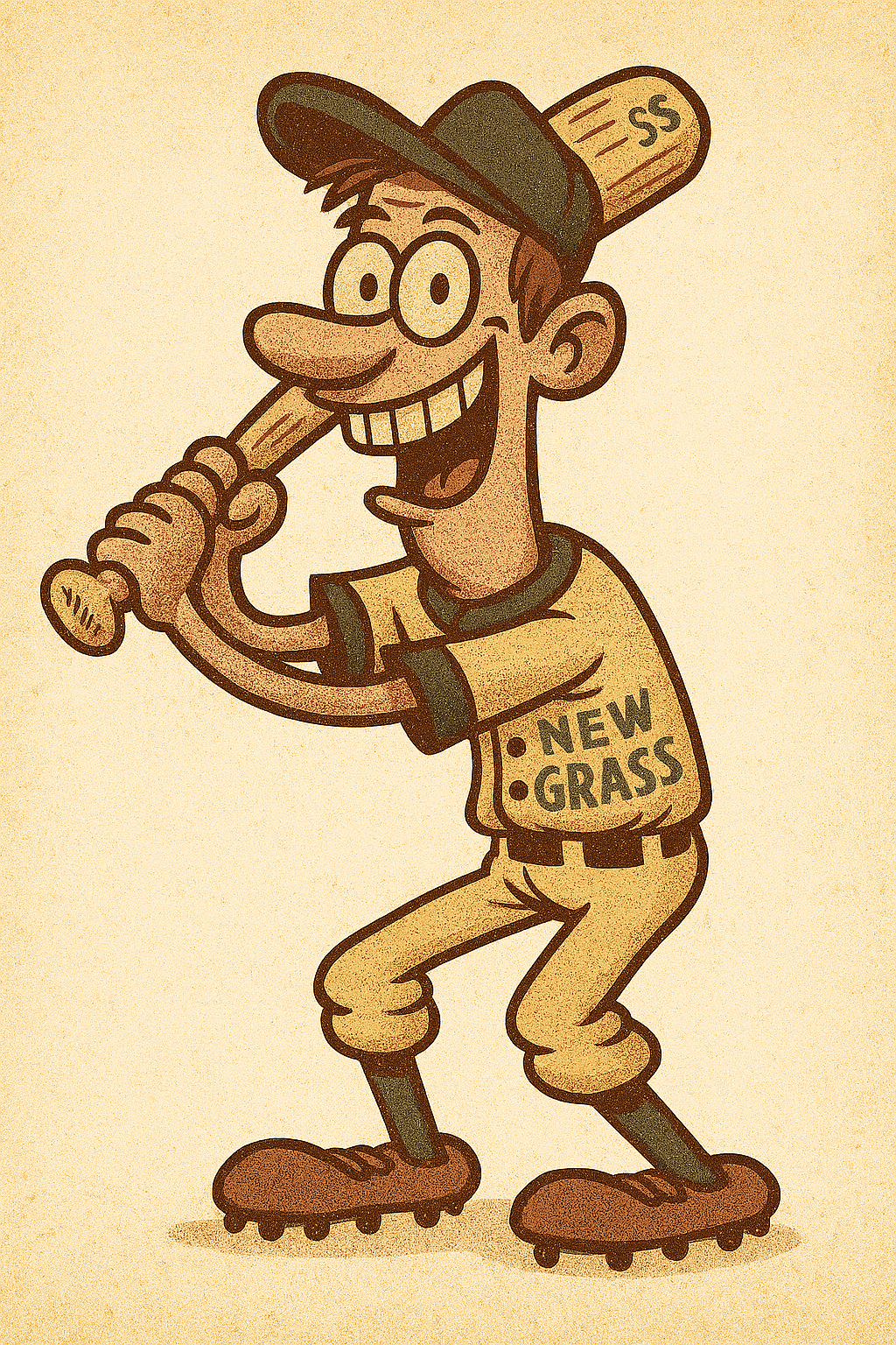 A cartoon baseball player with glasses, wearing a cap and a uniform with the words "New Grass" on it, holding a baseball bat over his shoulder on roller skates.