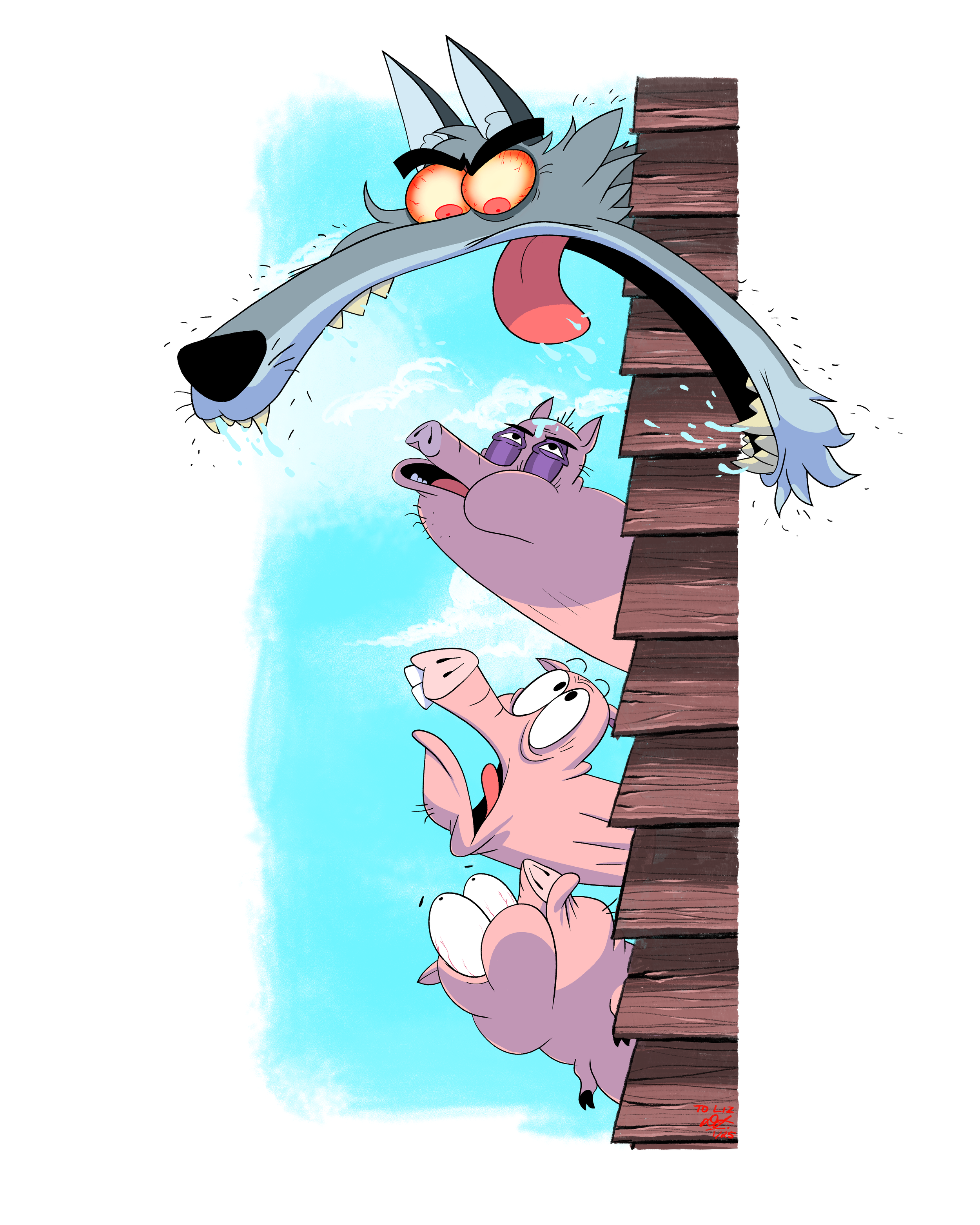 A cartoon of a wolf howling at the top of a wooden fence with four pigs looking up at it with various expressions.