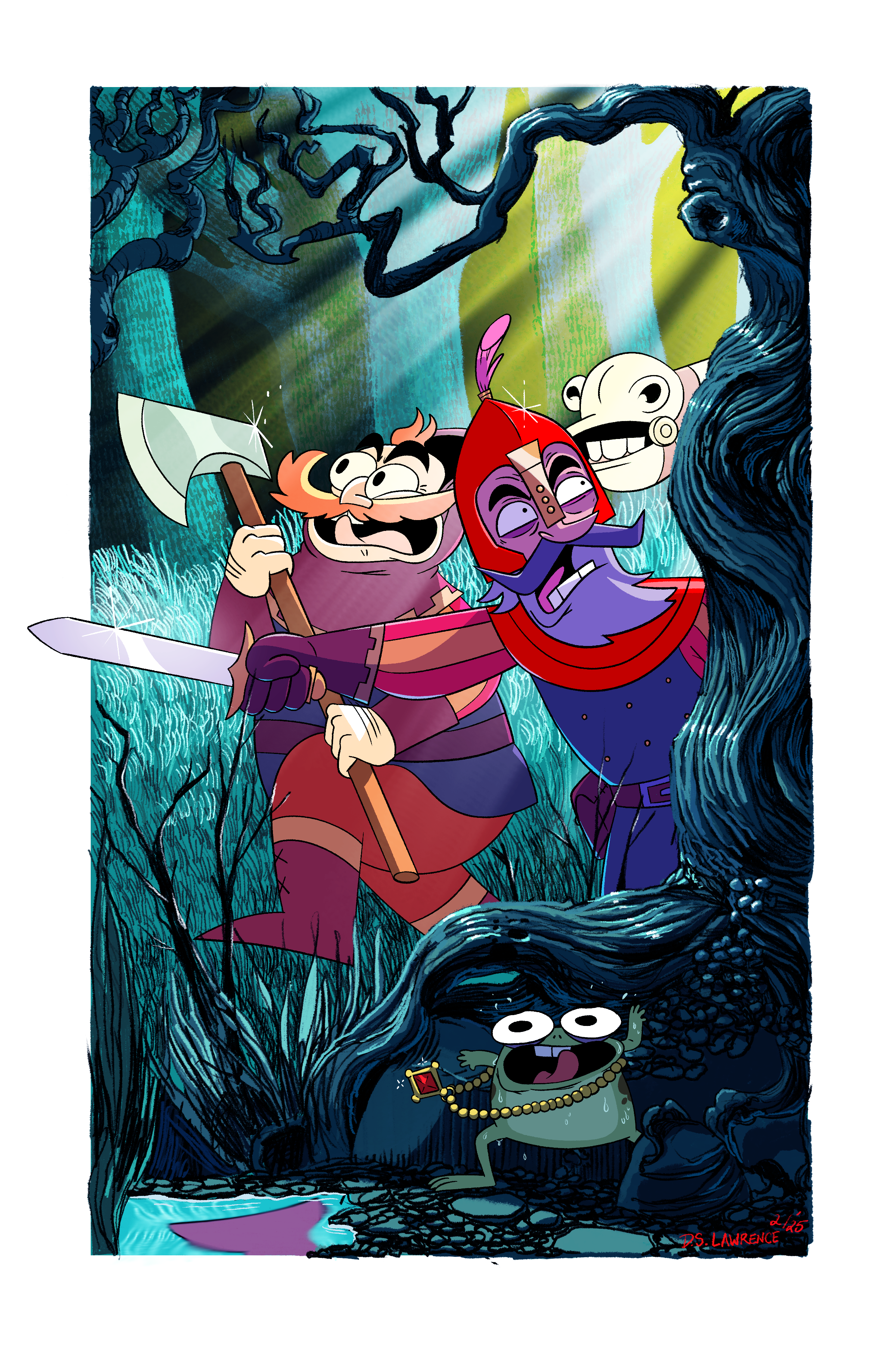 Three adventurers, a dwarf with a red beard, an elf with a purple beard and red helmet, and a skeleton, are standing in a dark, eerie forest with twisted trees and glowing green and purple light. They appear surprised or startled, holding weapons, while a small, green creature with a chain necklace and a red gem on its collar looks up at them with a shocked expression.