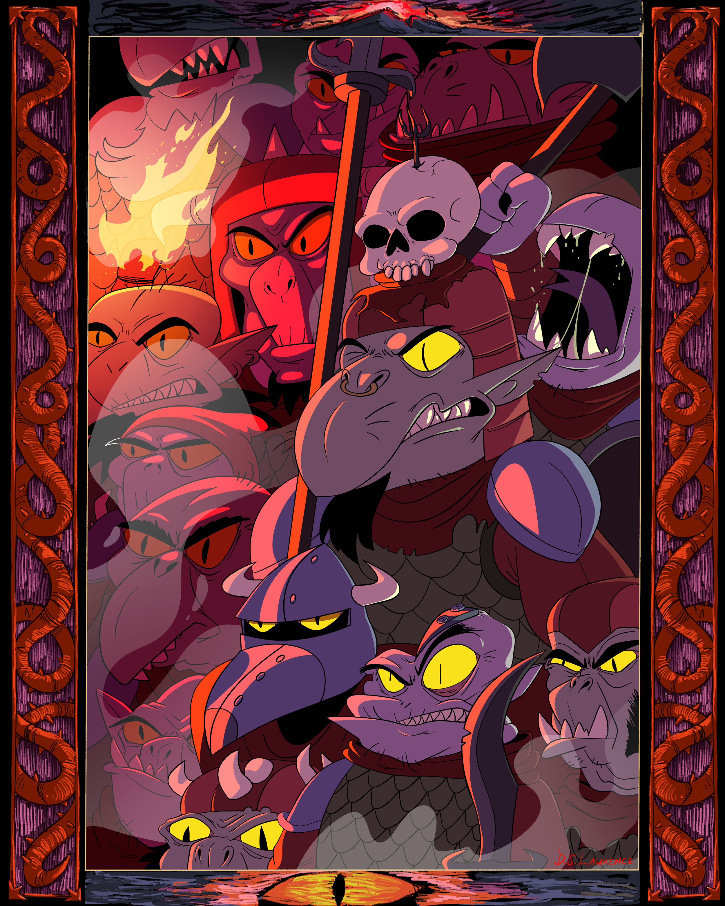 A group of animated, villainous dragons with menacing expressions inside a dark, fiery, and ominous castle-like setting, featuring a fiery sky and framed with tentacle-like designs.