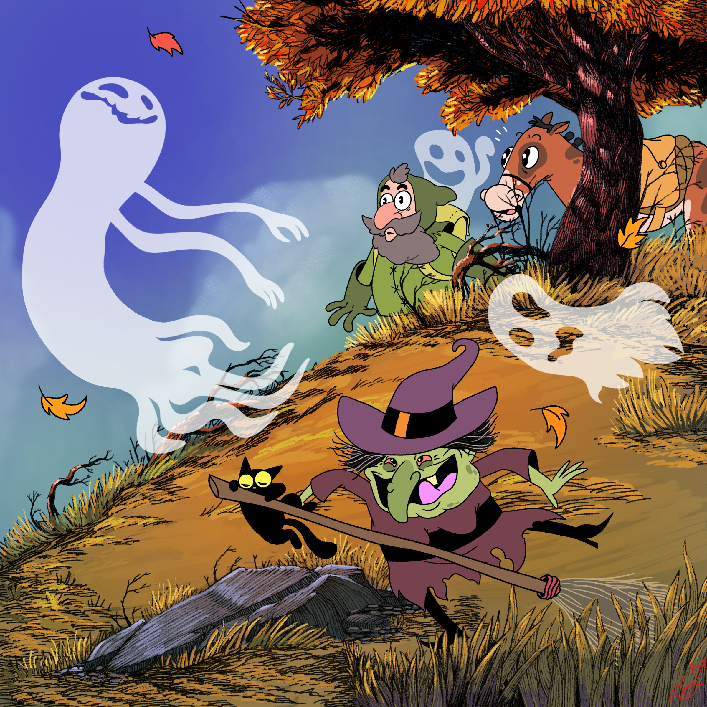 A cartoon scene of witches and a ghost in a forested area during autumn. A green witch with a purple hat and a black cat on a broomstick is happily riding, while a ghost nearby floats in the air. Two characters are hiding behind a tree, looking surprised. The scene features falling leaves, a large tree with orange leaves, and a sunset sky with clouds.