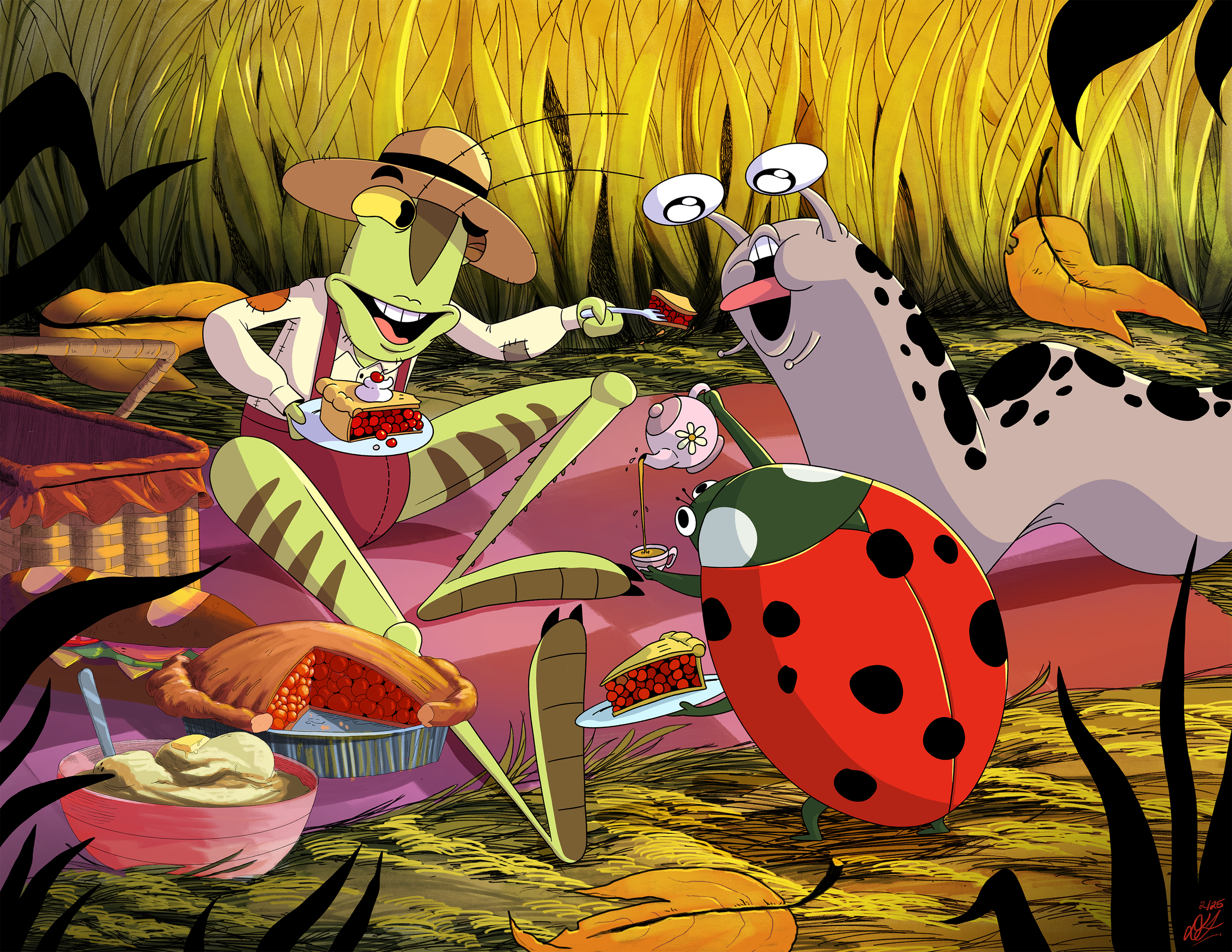 An animated scene with a grasshopper wearing a hat and suspenders, sitting on a blanket, offering pie to a cheerful ladybug and a ladybug, with a caterpillar and a horsefly nearby. The scene is set on a forest floor with fall leaves and tall grass in the background, and the characters are enjoying a picnic.