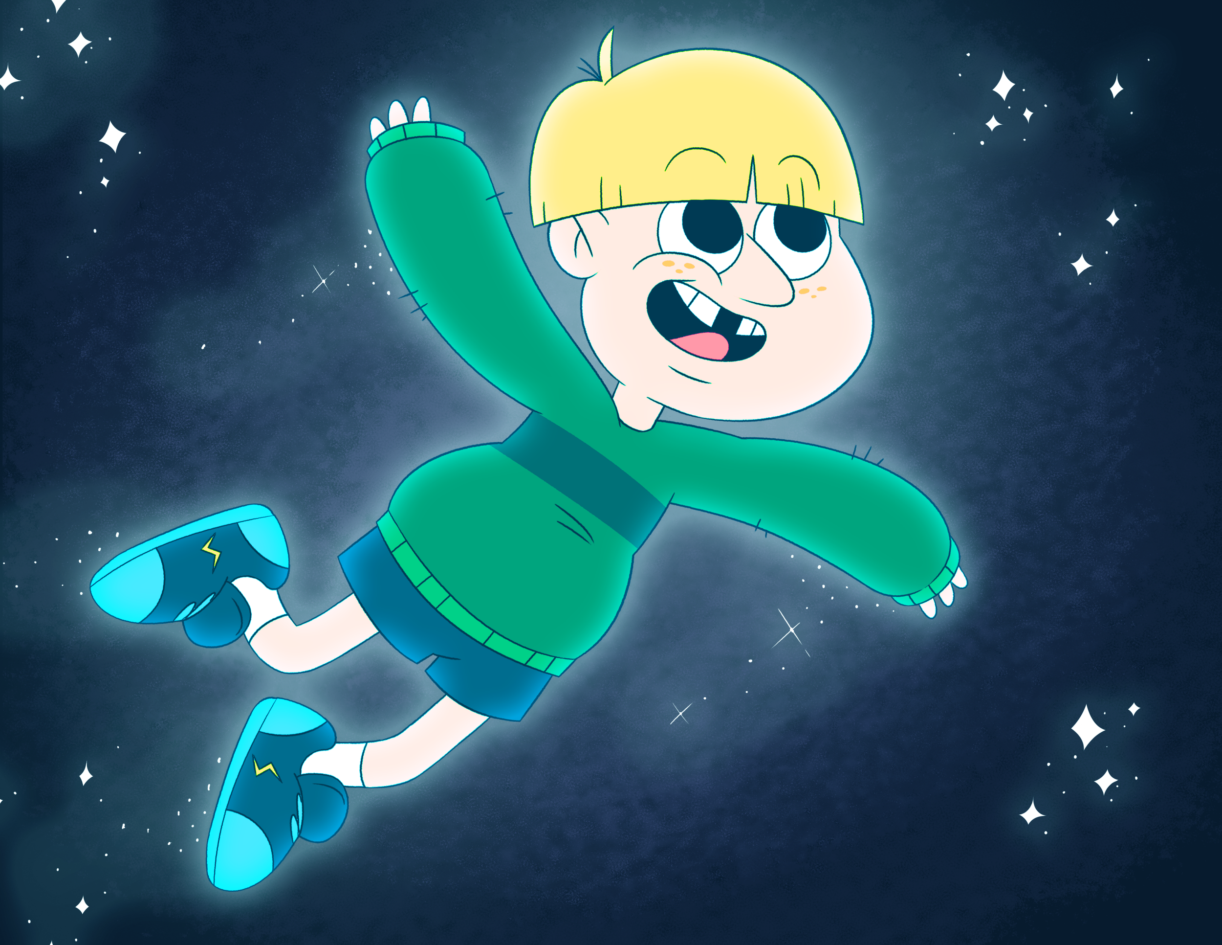 Animated boy with blonde hair and freckles floating in space, wearing a green sweater, black shorts, and blue sneakers, with stars in the background.