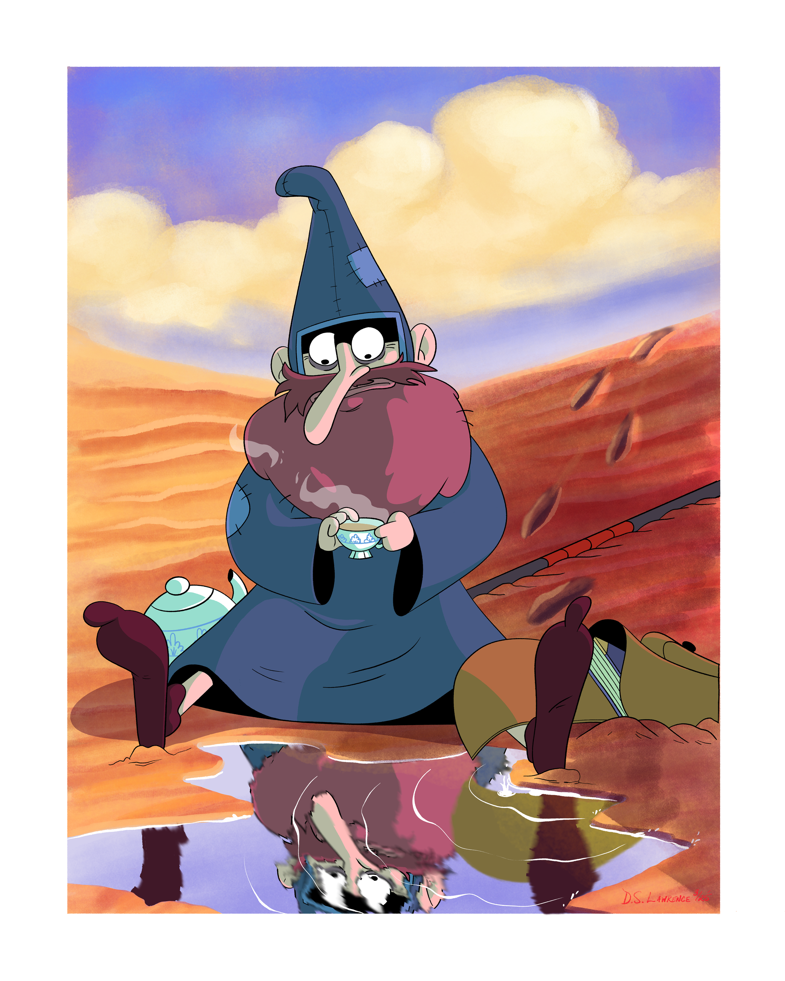 A cartoon wizard with a long nose, wearing a blue hat and robe, sitting by a small stream, holding a steaming cup in a desert landscape with clouds and red rocks.