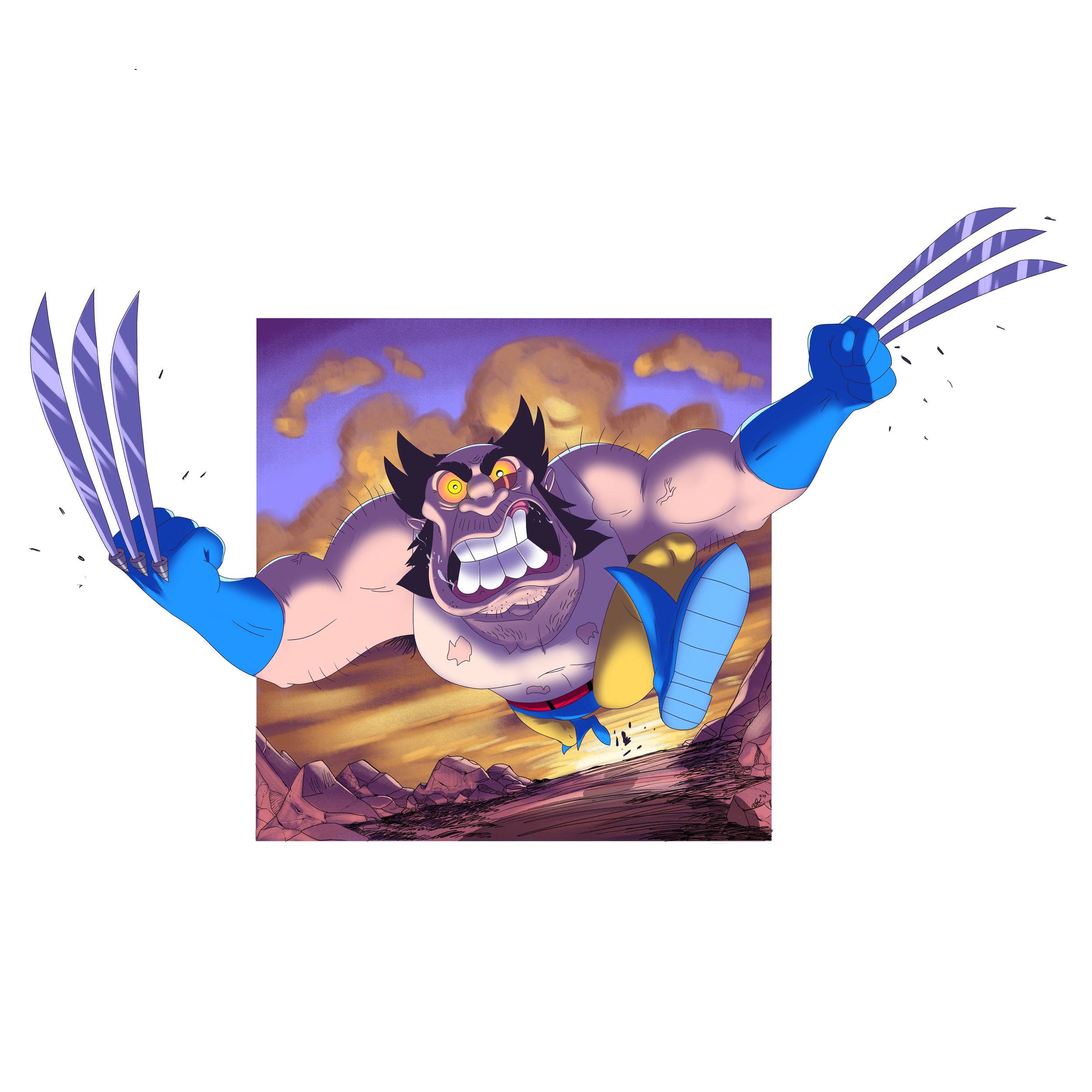 A cartoon-style character with Wolverine claws, blue gloves, and muscular build, flying with an angry expression in front of a cloudy sky.