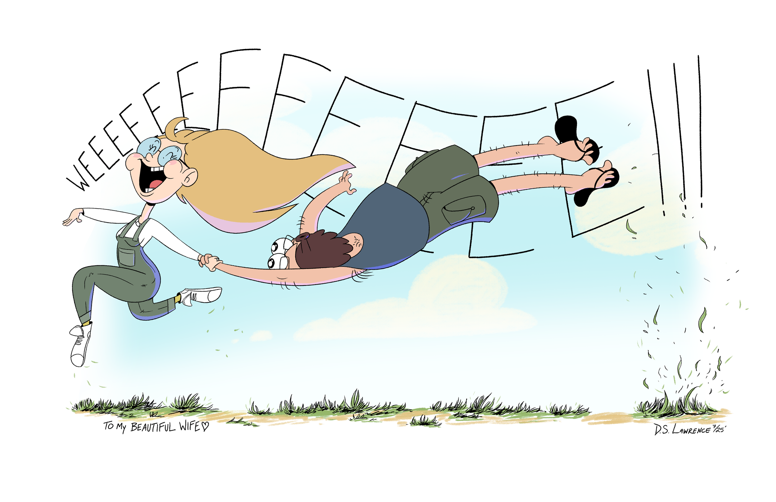 Cartoon illustration of a man and woman running together, holding hands and smiling, with grass below and a note that reads 'To My Beautiful Wife'.