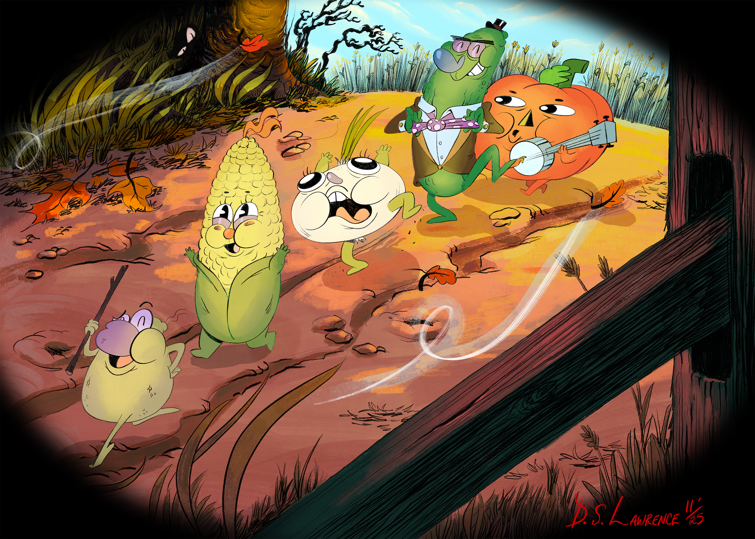 Animated scene showing a group of anthropomorphic vegetables dancing and playing music in a forest setting, with a large pumpkin, corn, and other vegetable characters.