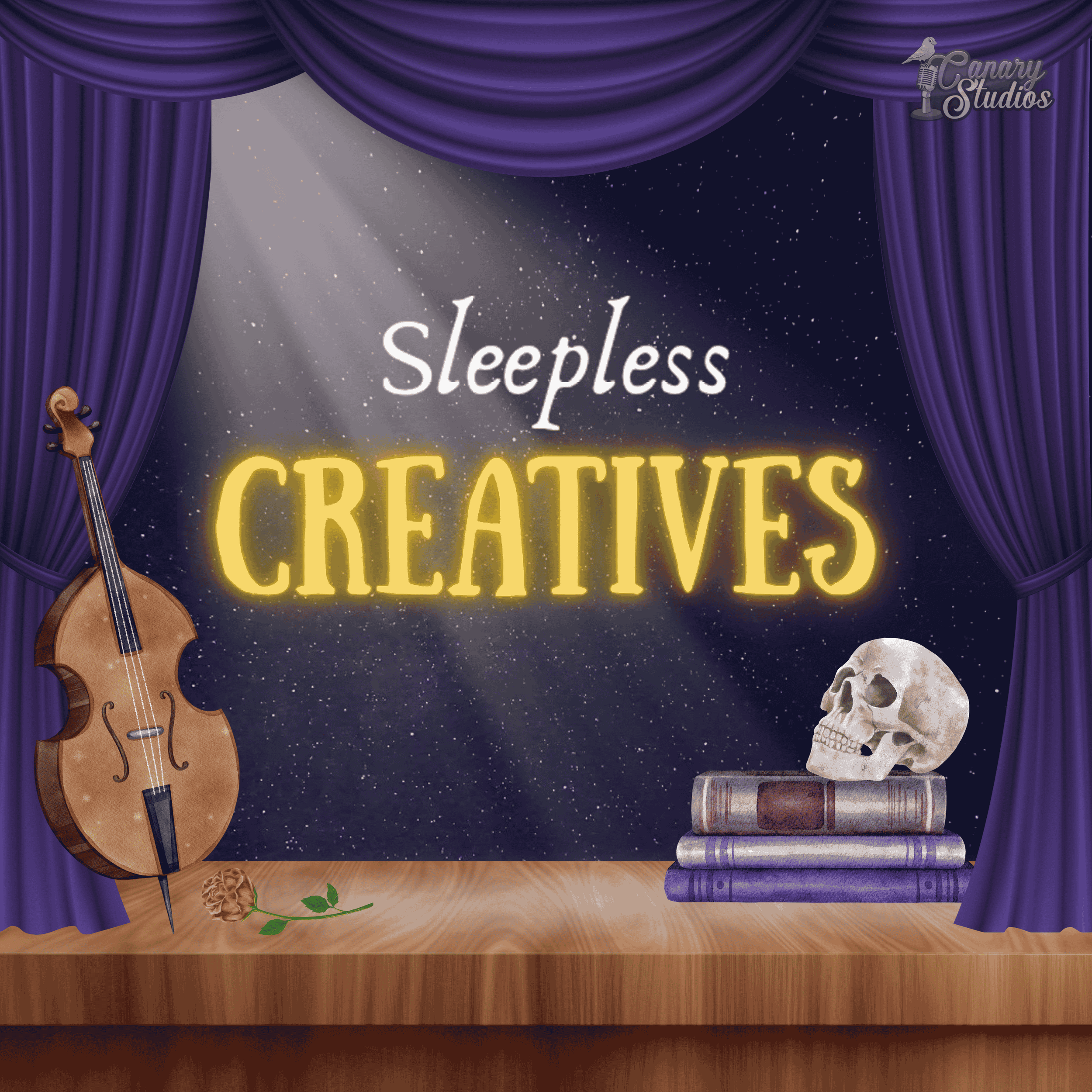 Stage with purple curtains, spotlight on the words "Sleepless Creatives," a cello hanging on the left, a skull resting on a stack of books on the right, and a rose on the floor
