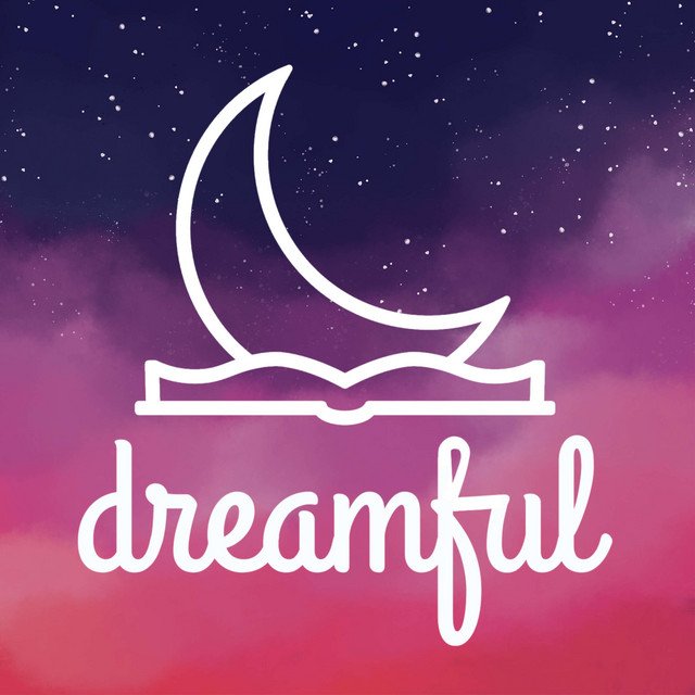 A neon sign with a crescent moon and an open book, with the word 'dreamful' written underneath, against a purple and pink sky background.