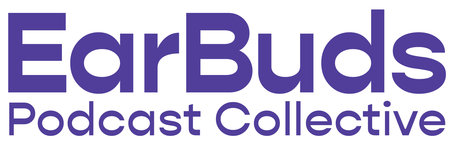 Logo of Ear Buds Podcast Collective with purple text on a transparent background