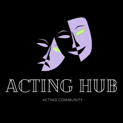 The ACTING HUB UK logo, an Illustration of two theater masks, one smiling and one frowning, with the text 'ACTING HUB' and 'ACTING COMMUNITY' underneath.
