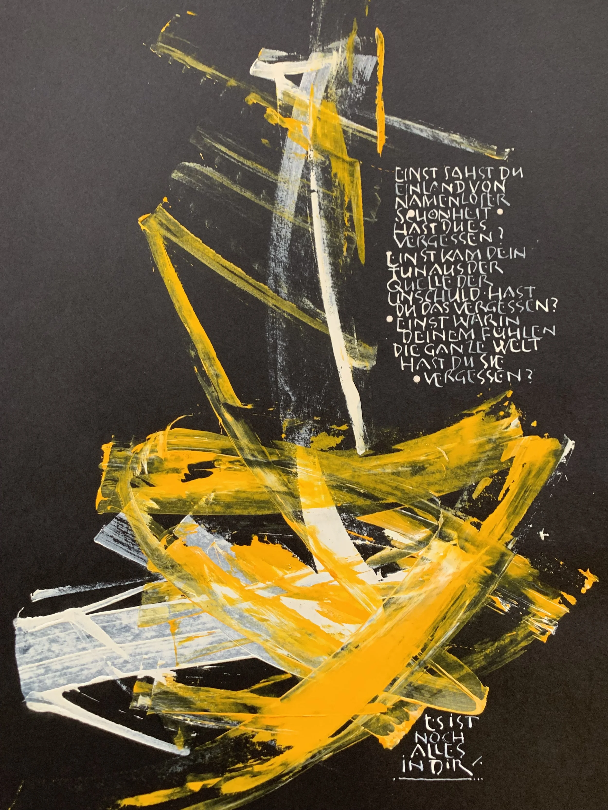 kalligrafie abstrakt thomas hönel schwarz gelb weißer Text