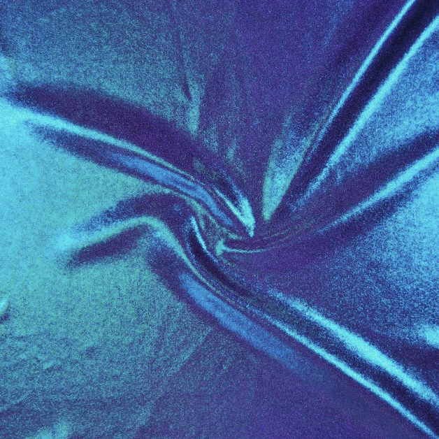 Distorted blue metallic surface with swirling and wrinkle patterns.