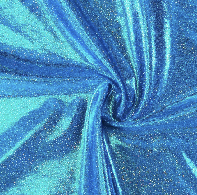 Shiny blue fabric with glittery specks, twisted in the center.