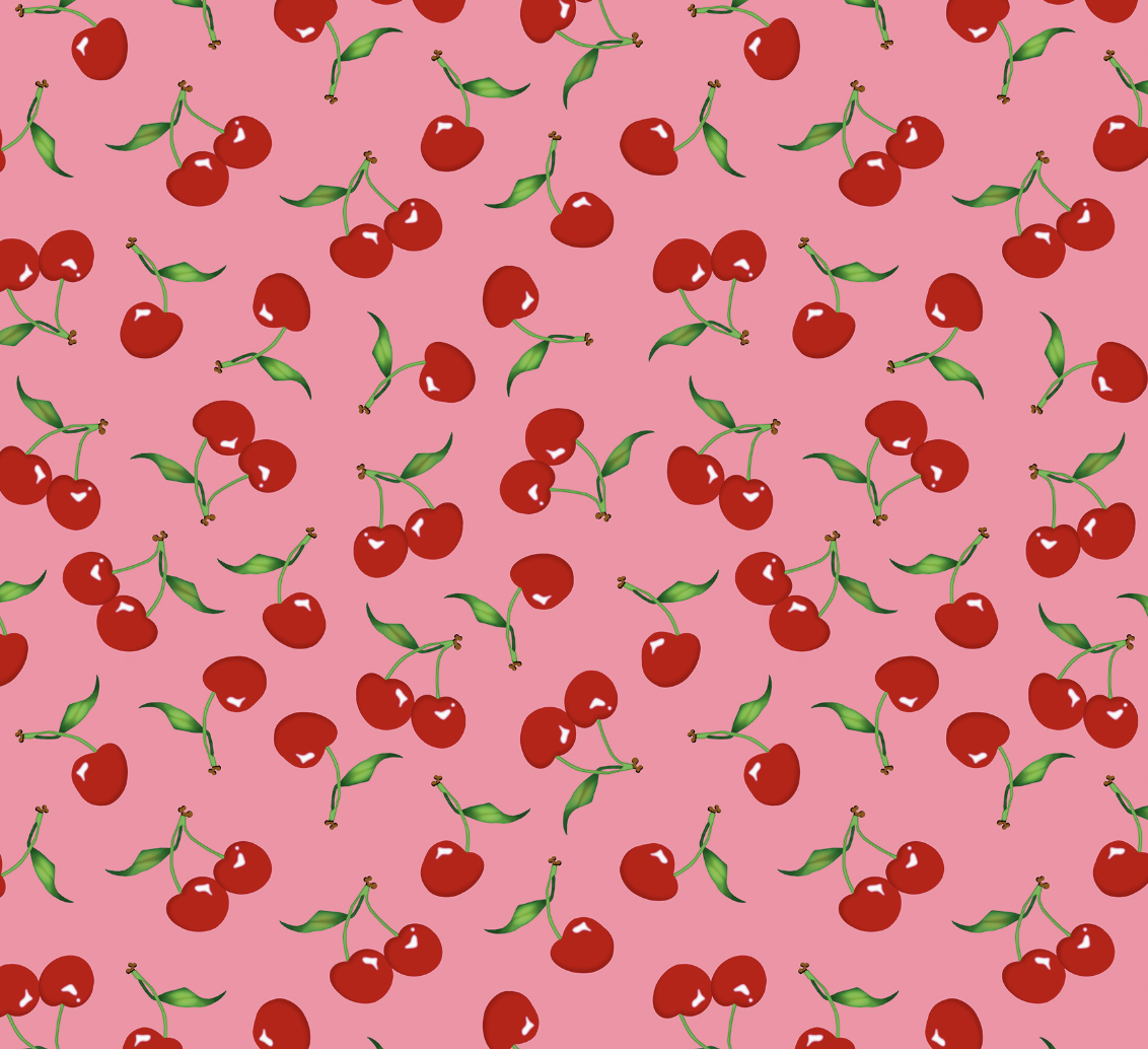 Pattern of cherries with green leaves on a pink background.