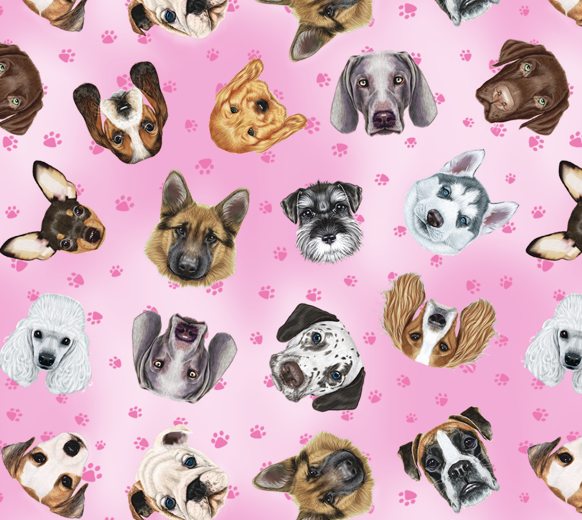 Pattern of various dog faces on a pink background with small pink paw prints