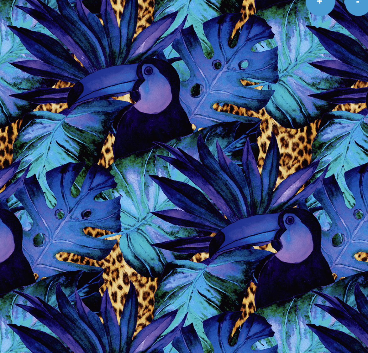 Pattern with blue and purple tropical leaves, toucans, and leopard print background.