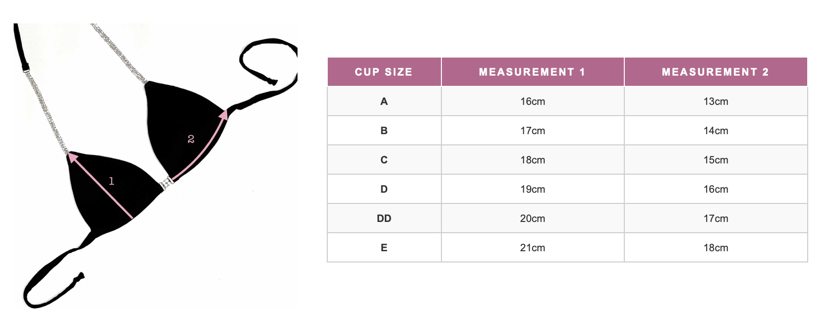Diagram of a black bra with measurement arrows indicating cup width and strap length, alongside a chart listing cup sizes from A to E with corresponding measurement values.