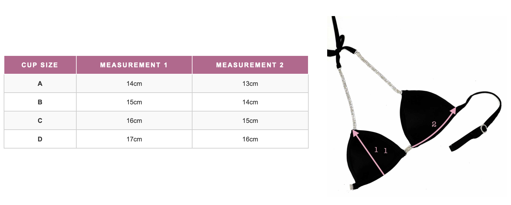 A black bikini top with pink accents, chain detail, and adjustable straps, beside a size measurement chart showing cup sizes A through D with corresponding measurements in centimeters.