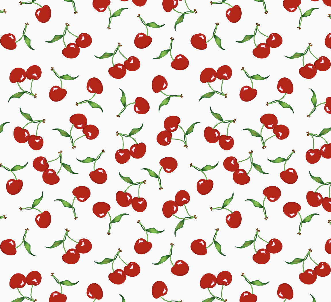 Pattern of red cherries with green leaves on a white background.