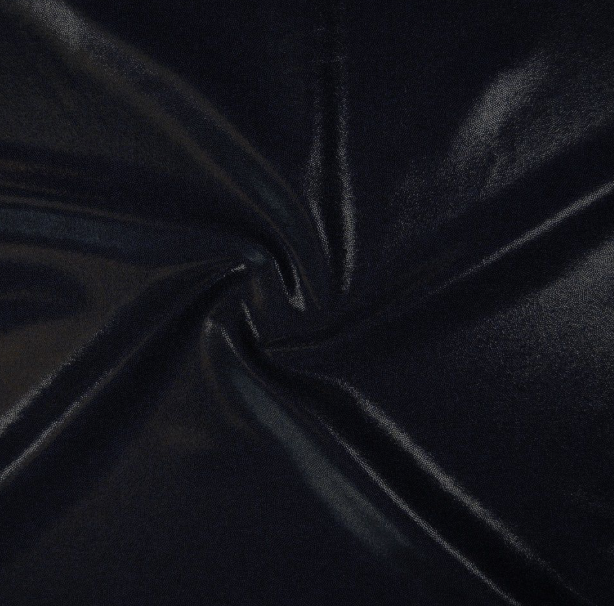 Close-up of black shiny fabric with a twisted or gathered pattern.