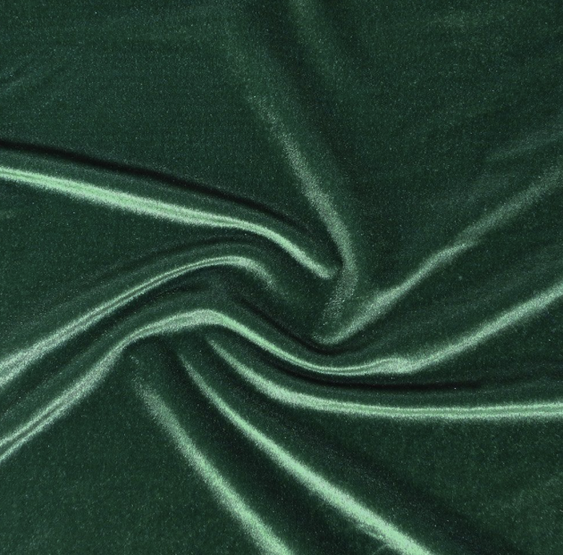 Green satin fabric with a smooth, shiny surface, draped and gathered to create folds.