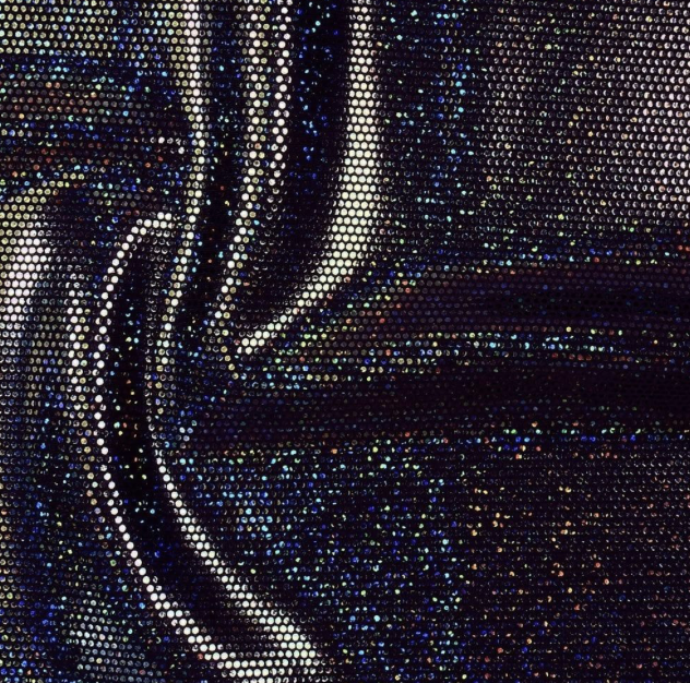 Close-up of black fabric with rhinestones or sequins creating a shimmering, textured surface.