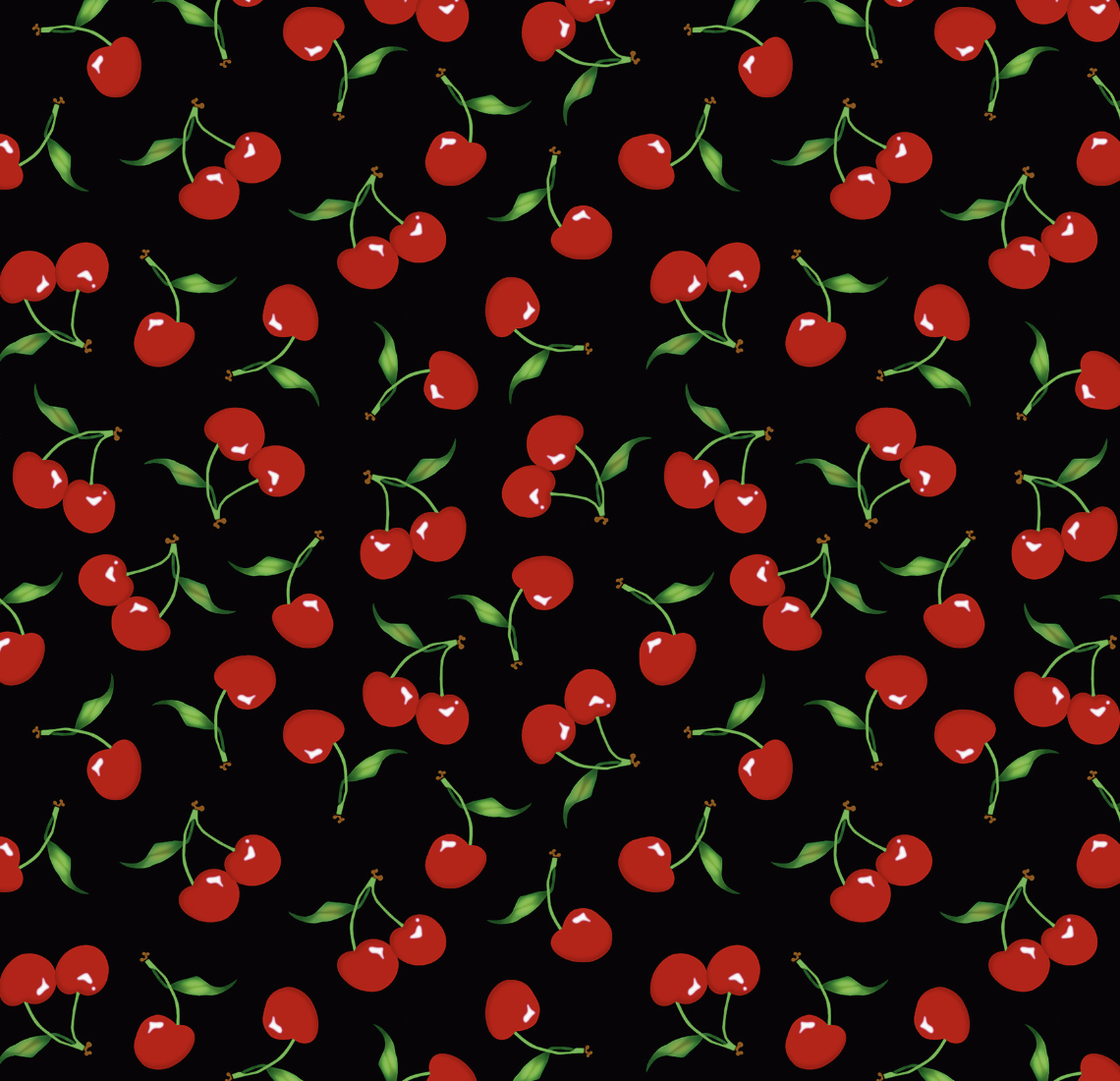 Pattern of red cherries with green leaves on a black background.