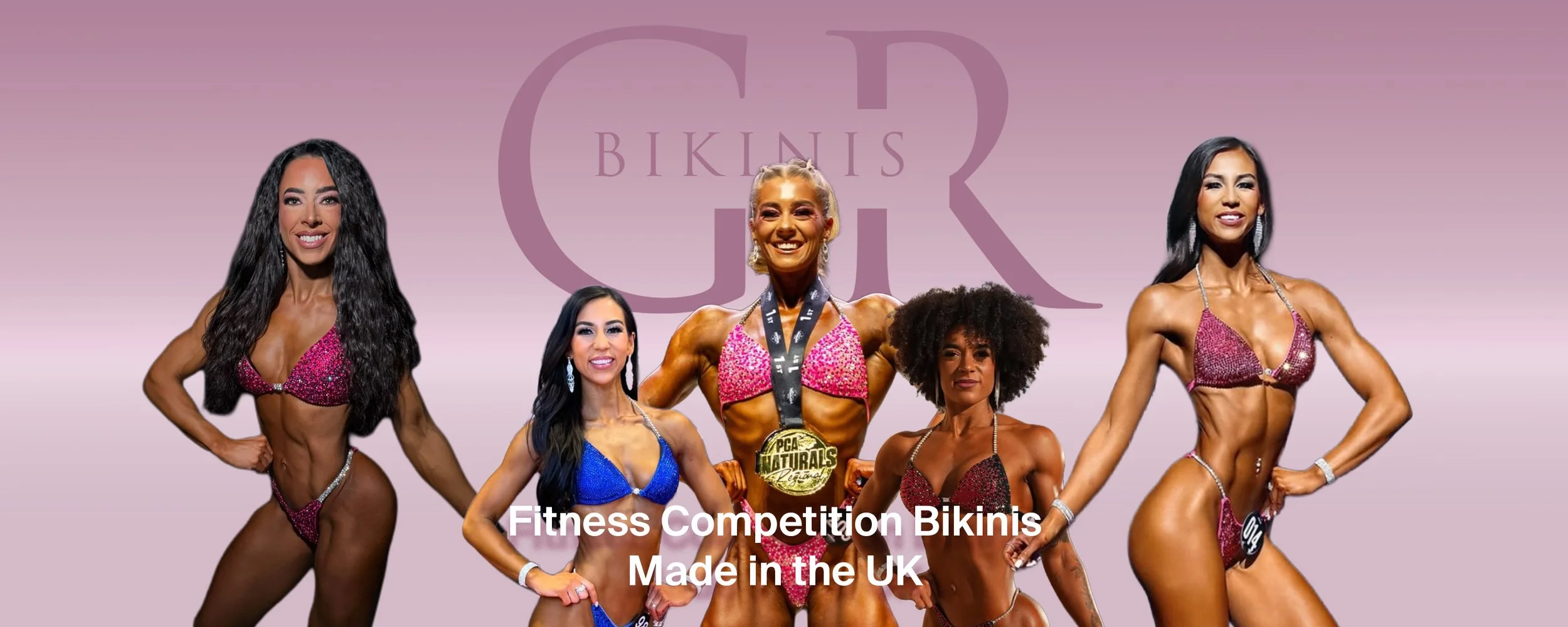 Group of five women in bikinis posing at a fitness competition, with a pink background and the text 'Fitness Competition Bikinis Made in the UK.' The women display muscular physiques and are smiling, each wearing colorful, sparkly bikinis.