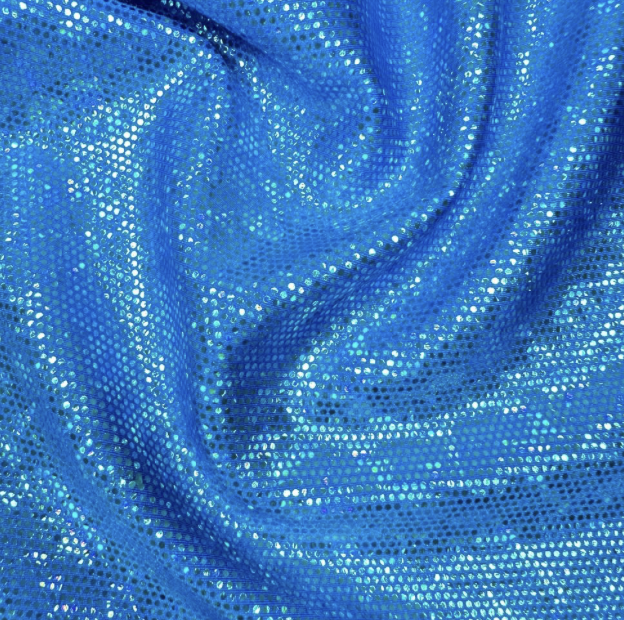Blue fabric with shiny sequins creating a swirling pattern.