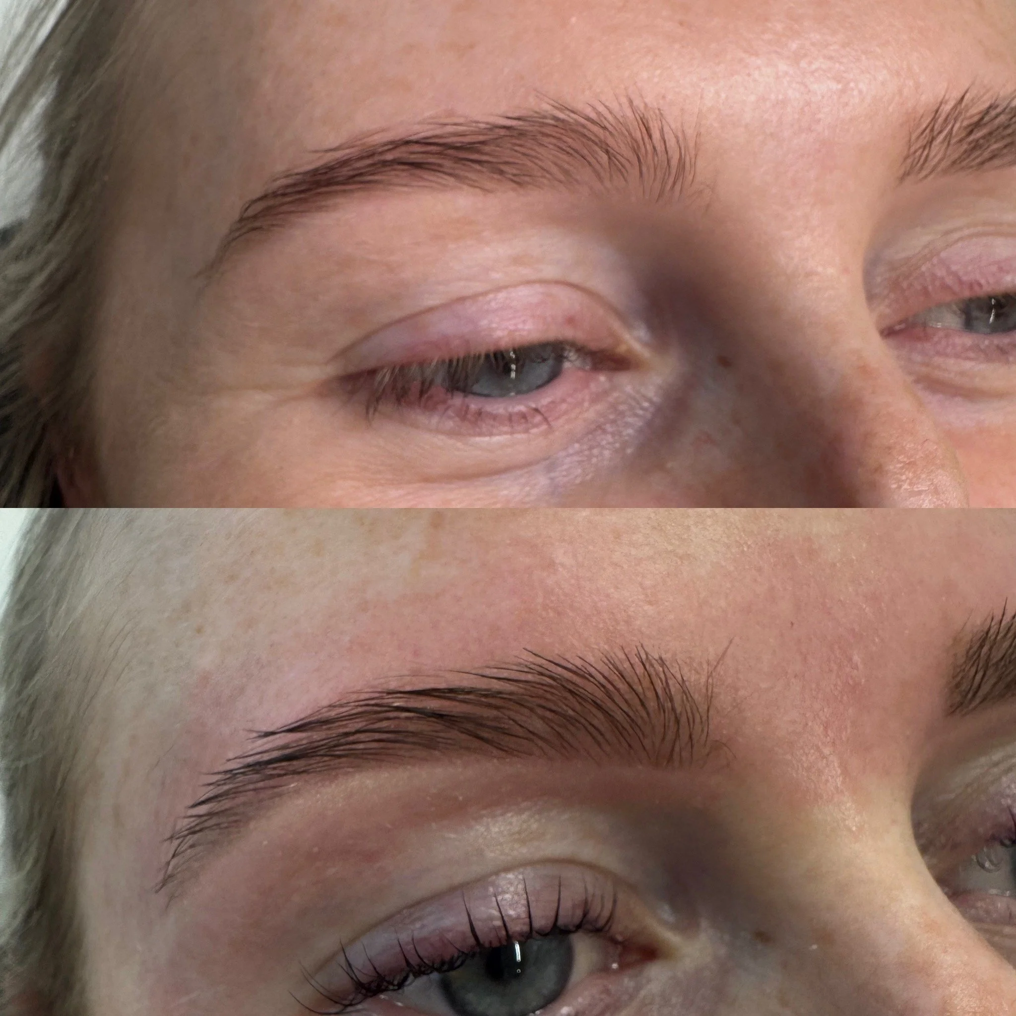 Comparison of a woman's eye area before and after eyebrow grooming, showing fuller, well-shaped eyebrows and enhanced eyelashes.