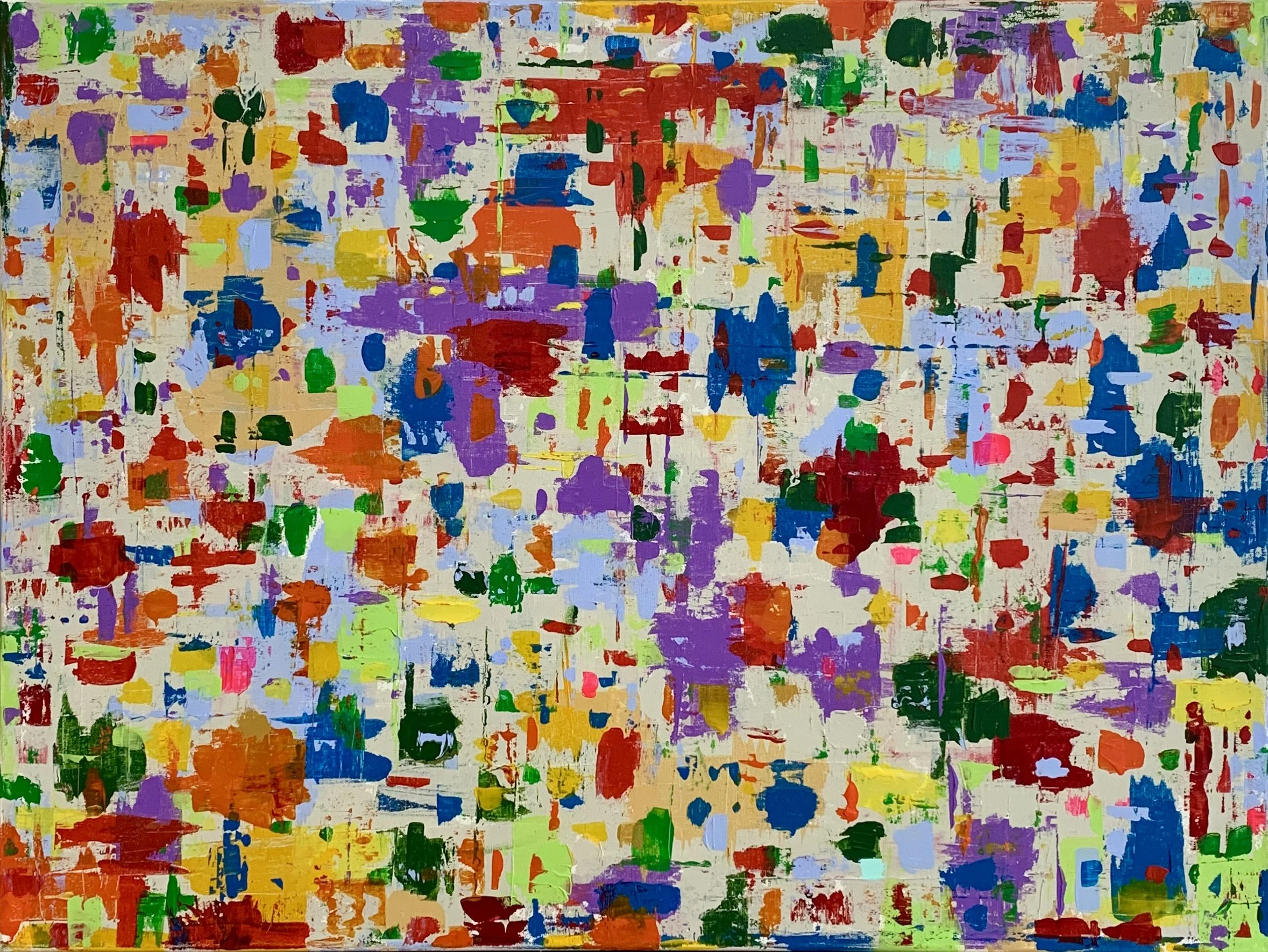 An abstract painting filled with multicolored dabs and strokes of paint on a canvas, including reds, blues, greens, yellows, purples, and oranges.