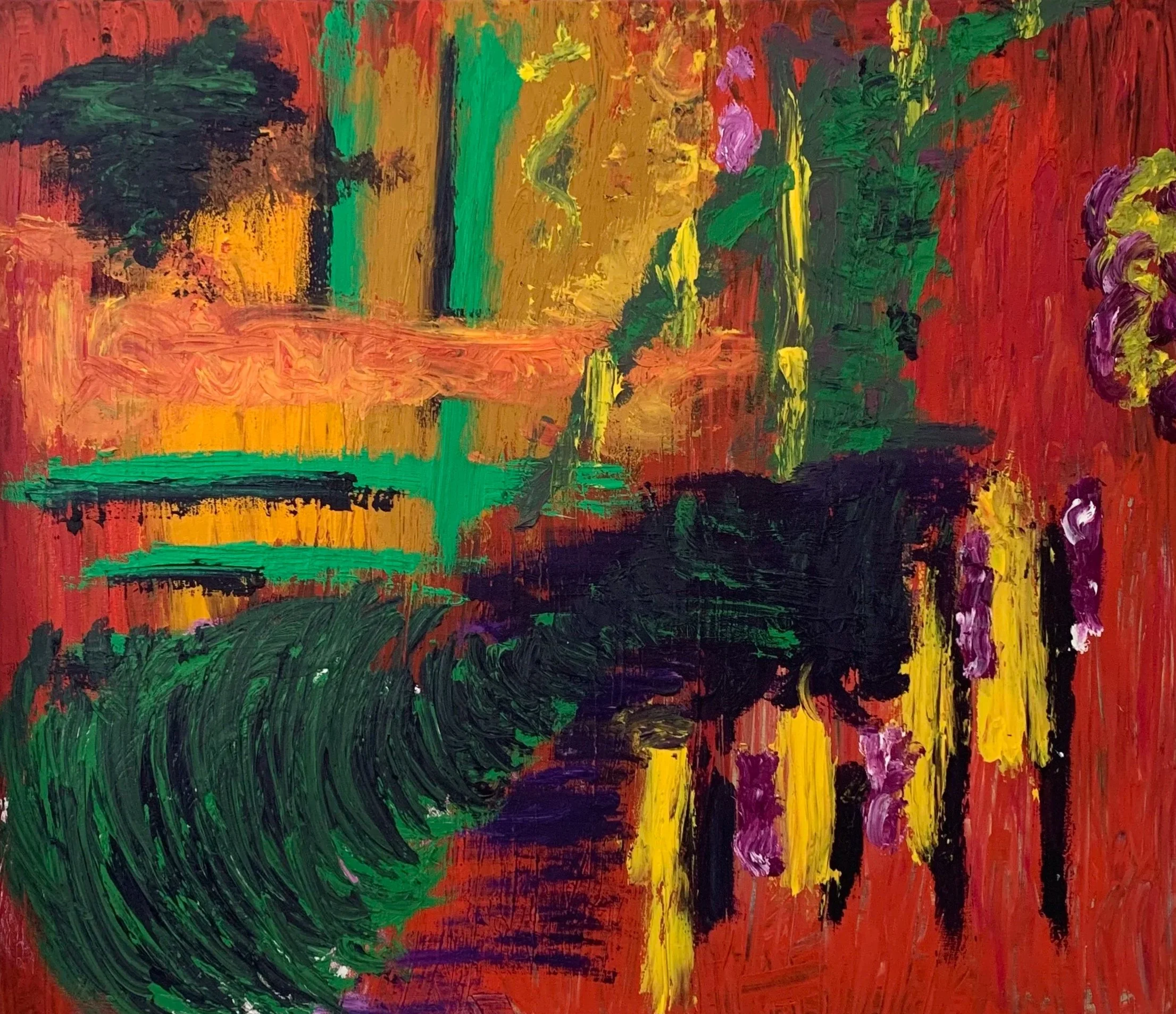An abstract painting with bold, expressive brushstrokes in red, green, yellow, black, purple, and orange.