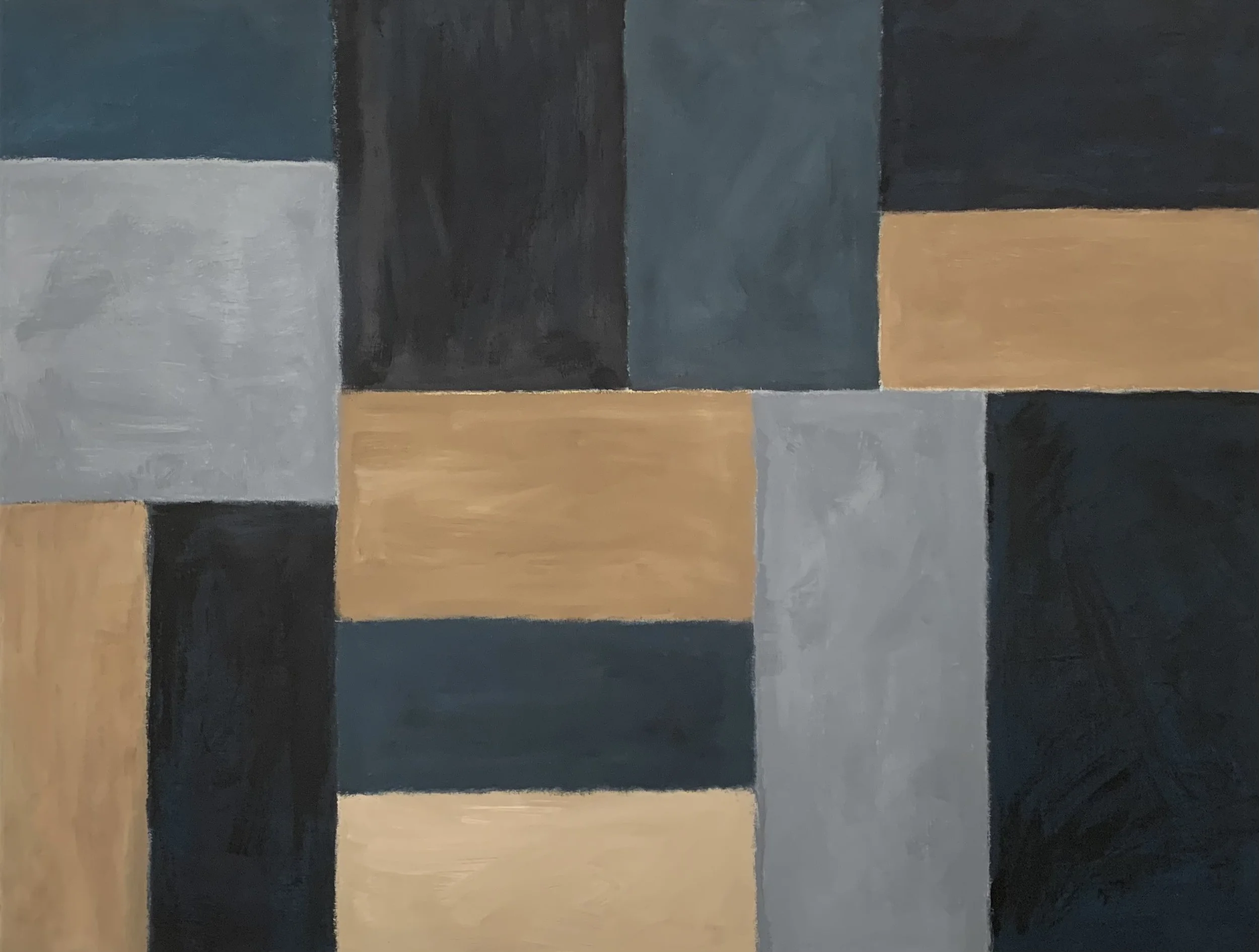 Abstract painting with rectangles in shades of black, gray, beige, and blue.