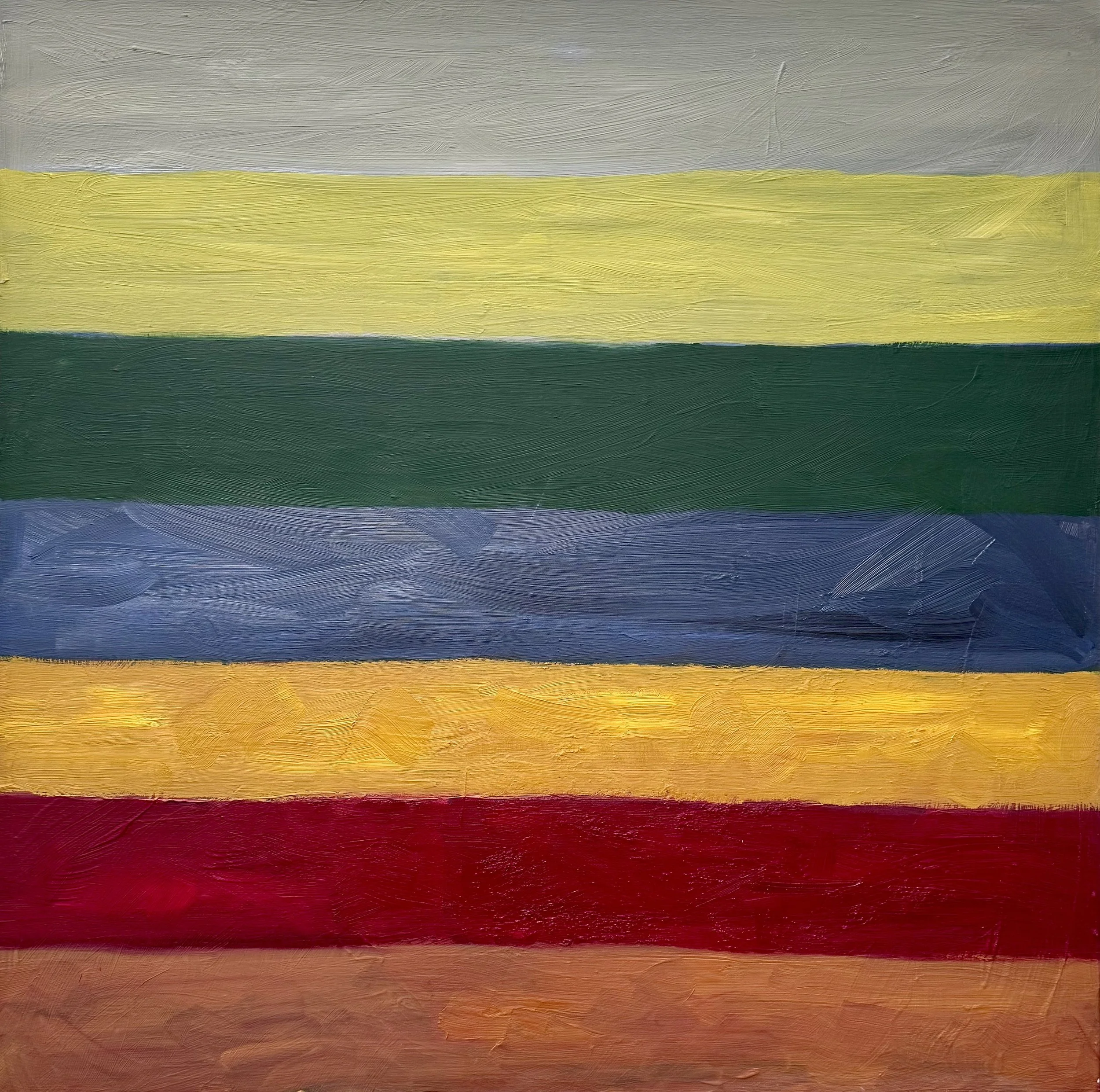 Abstract painting with horizontal stripes in gray, yellow, green, blue, orange, red, and peach colors.