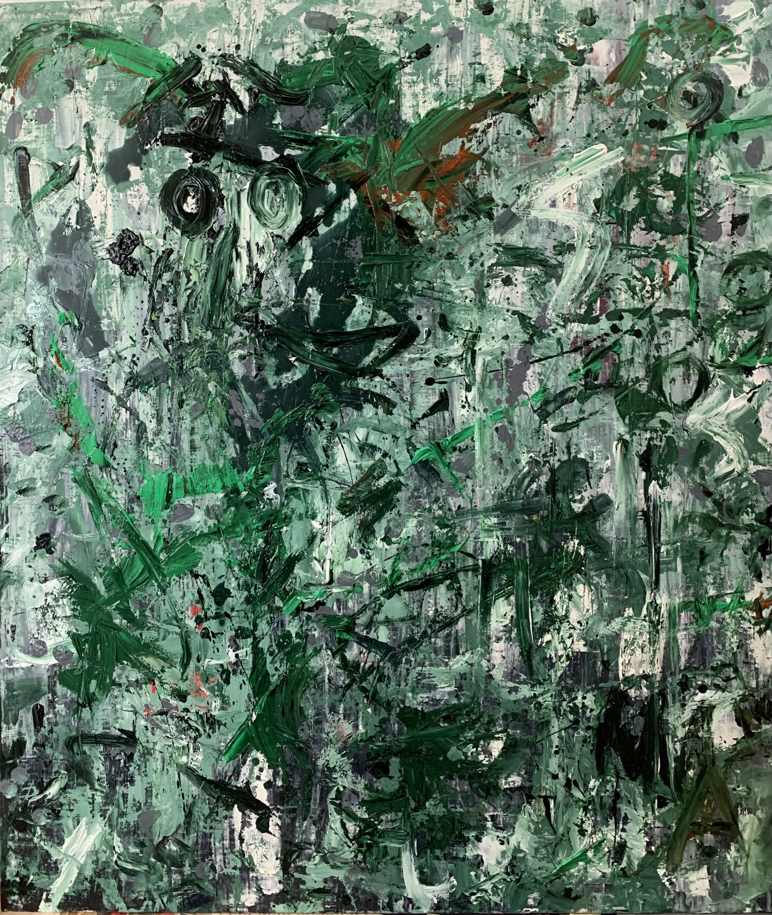 Abstract painting with dominant shades of green, black, and white, with some red and brown accents, featuring expressive brushstrokes and splatters.