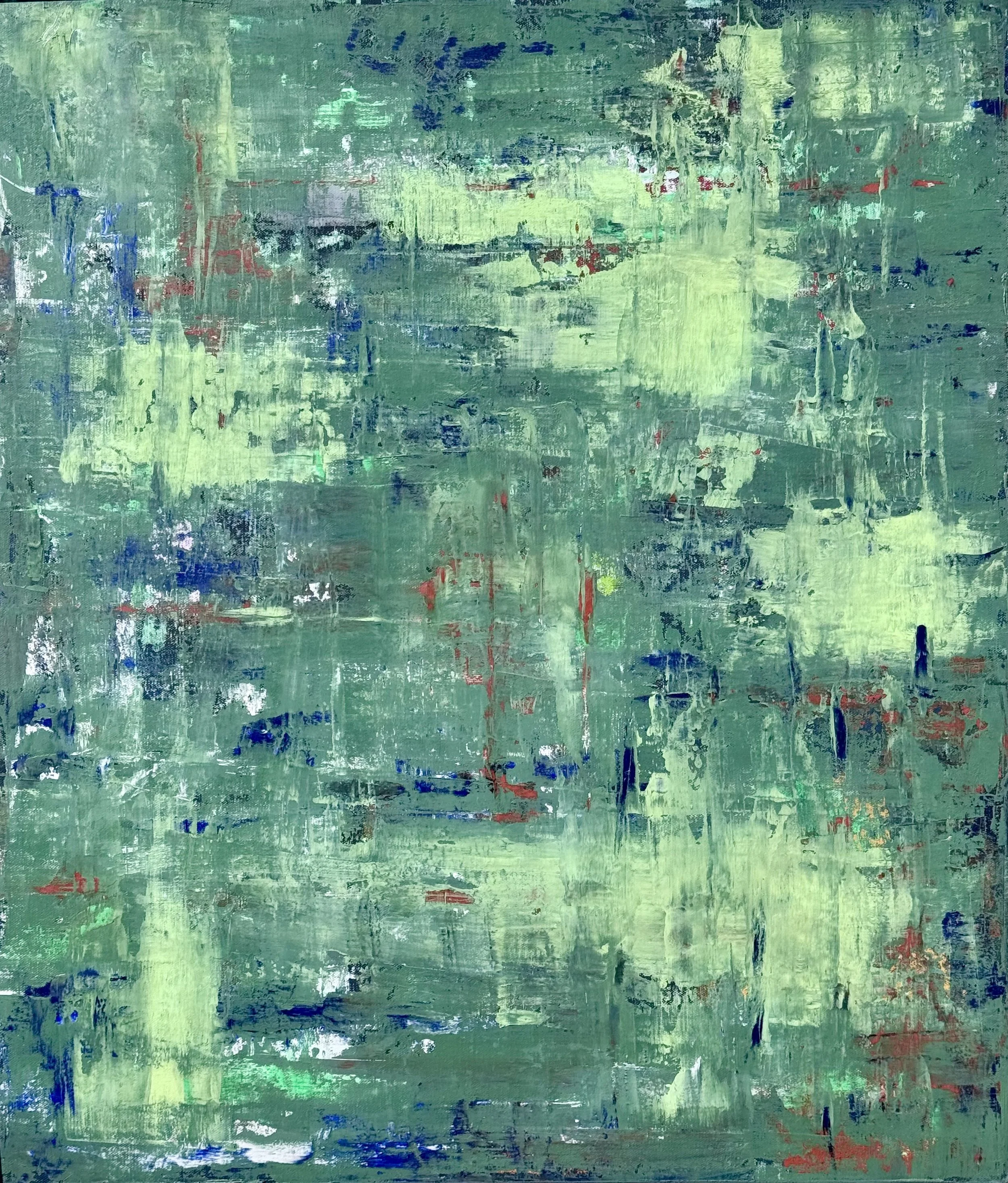 Abstract painting with various shades of green, blue, red, and hints of white and purple, featuring textured brushstrokes and layered colors.