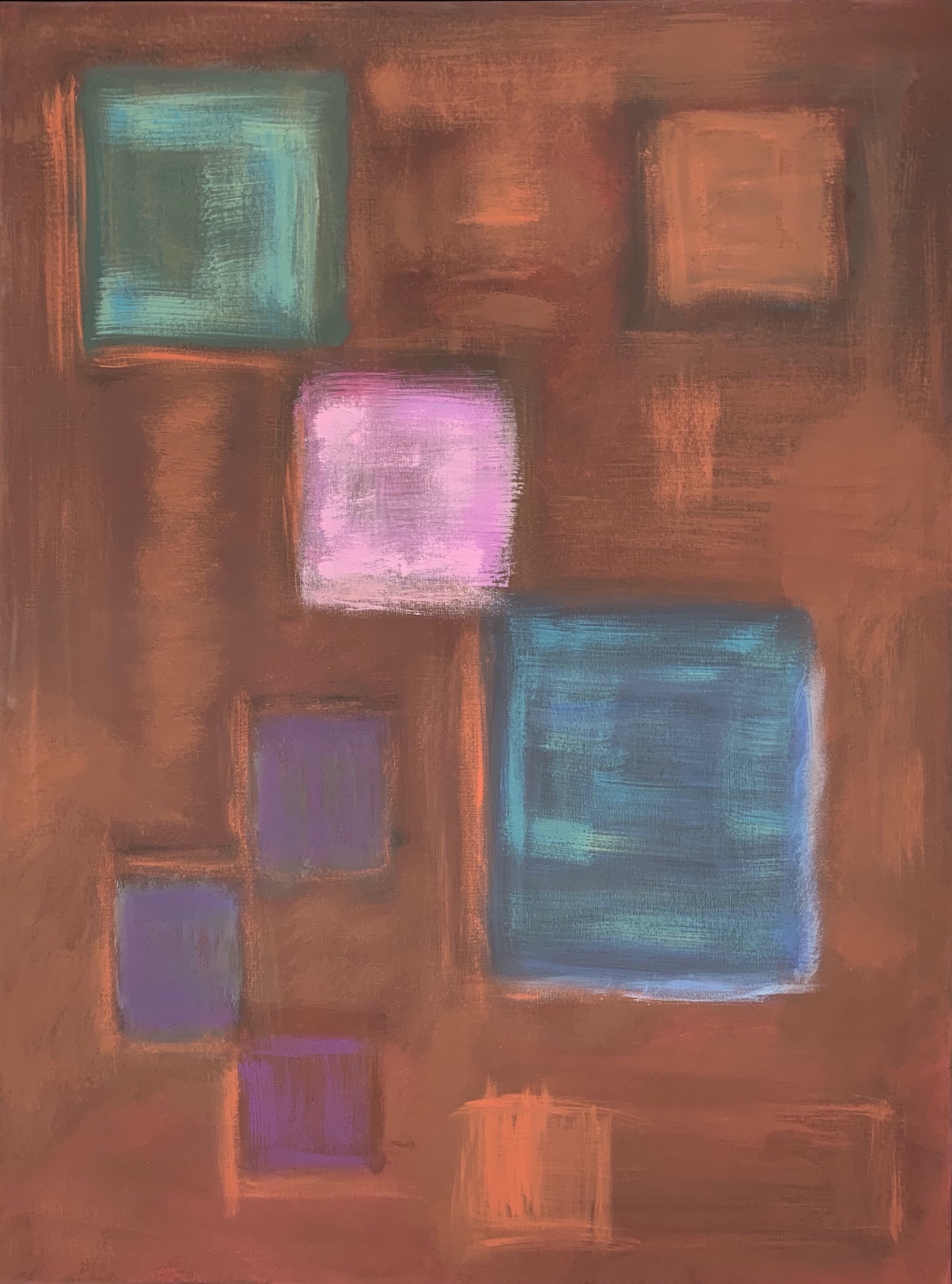 An abstract painting with a warm reddish-brown background featuring various squares in shades of blue, pink, purple, and orange arranged in a grid-like pattern.
