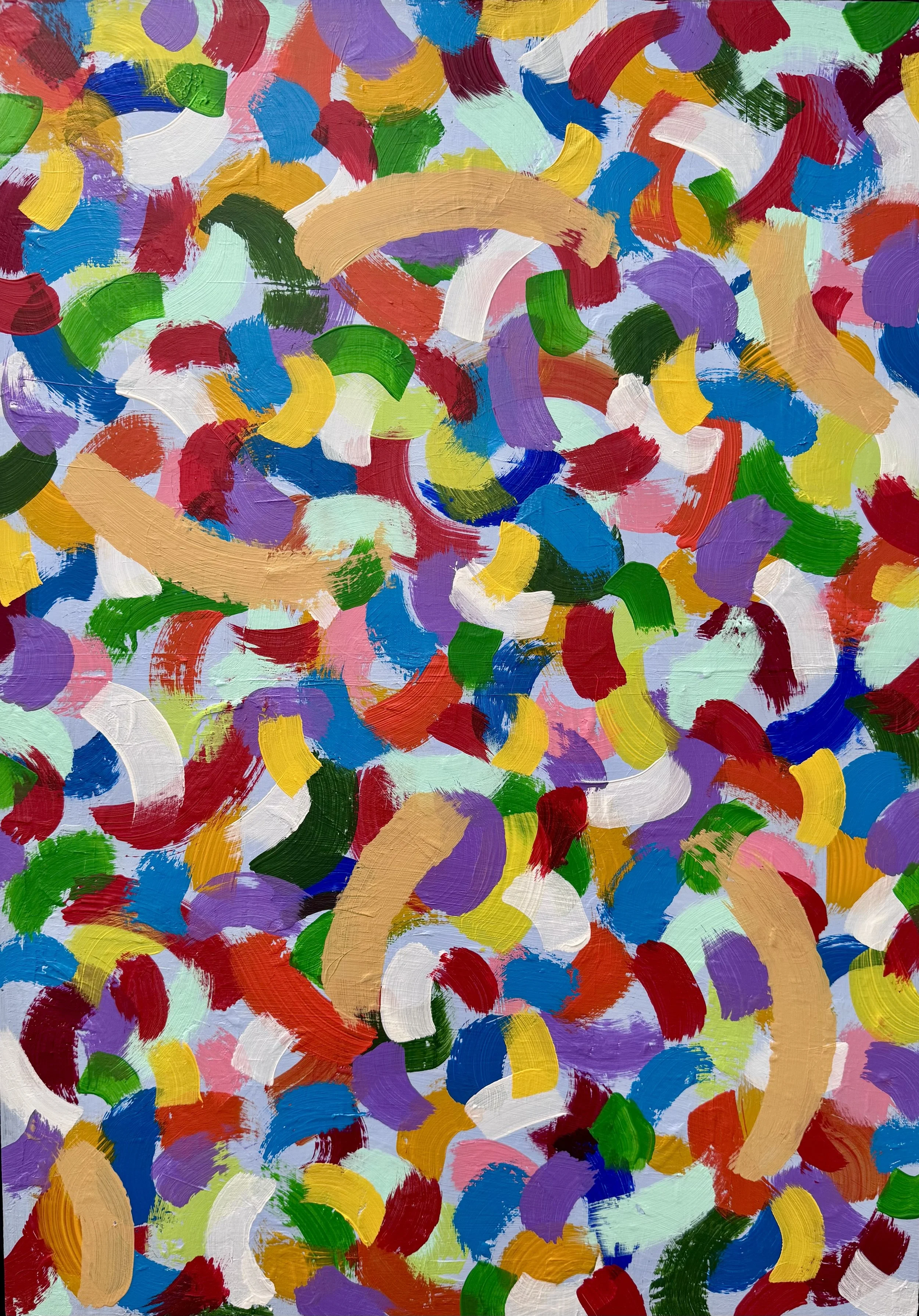 Abstract painting with numerous colorful brushstrokes in red, blue, green, yellow, purple, white, orange, and beige.