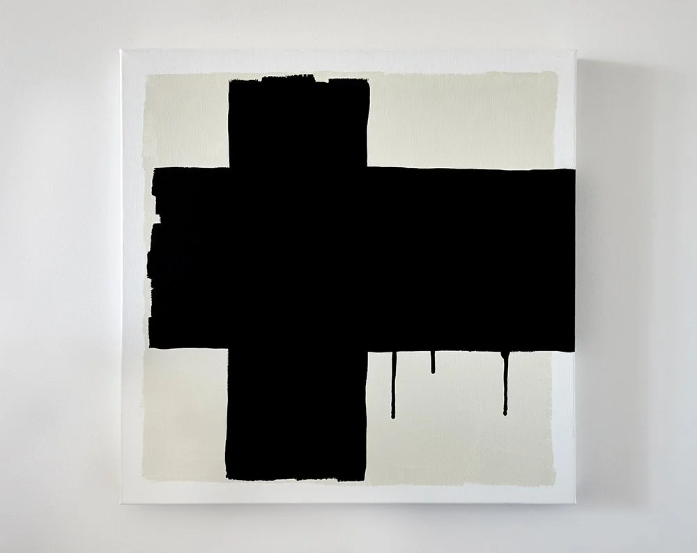 Abstract painting with thick black cross and drips on light background