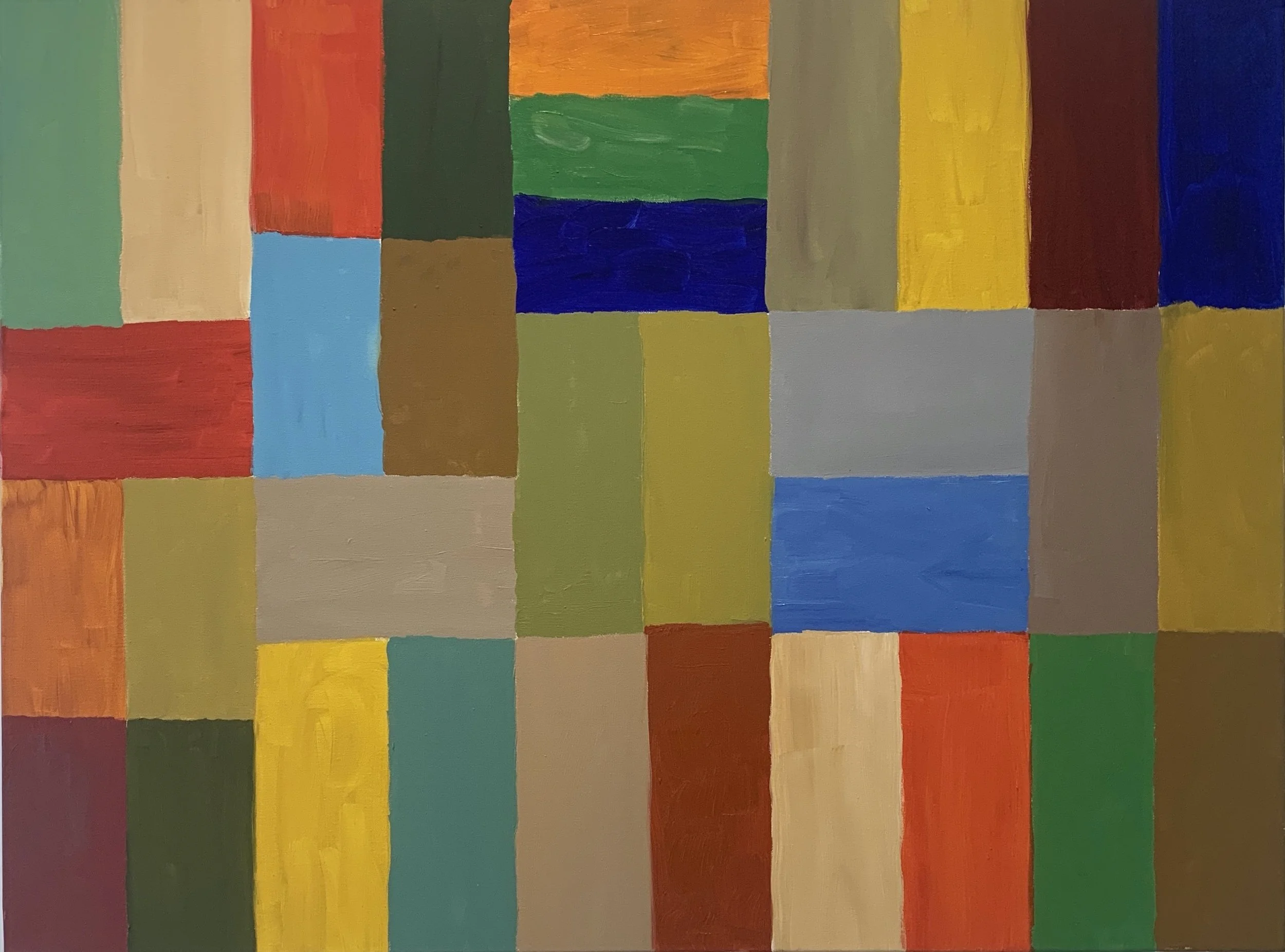 Abstract painting with a patchwork of colorful rectangular shapes in various shades of red, blue, green, yellow, grey, brown, and orange.