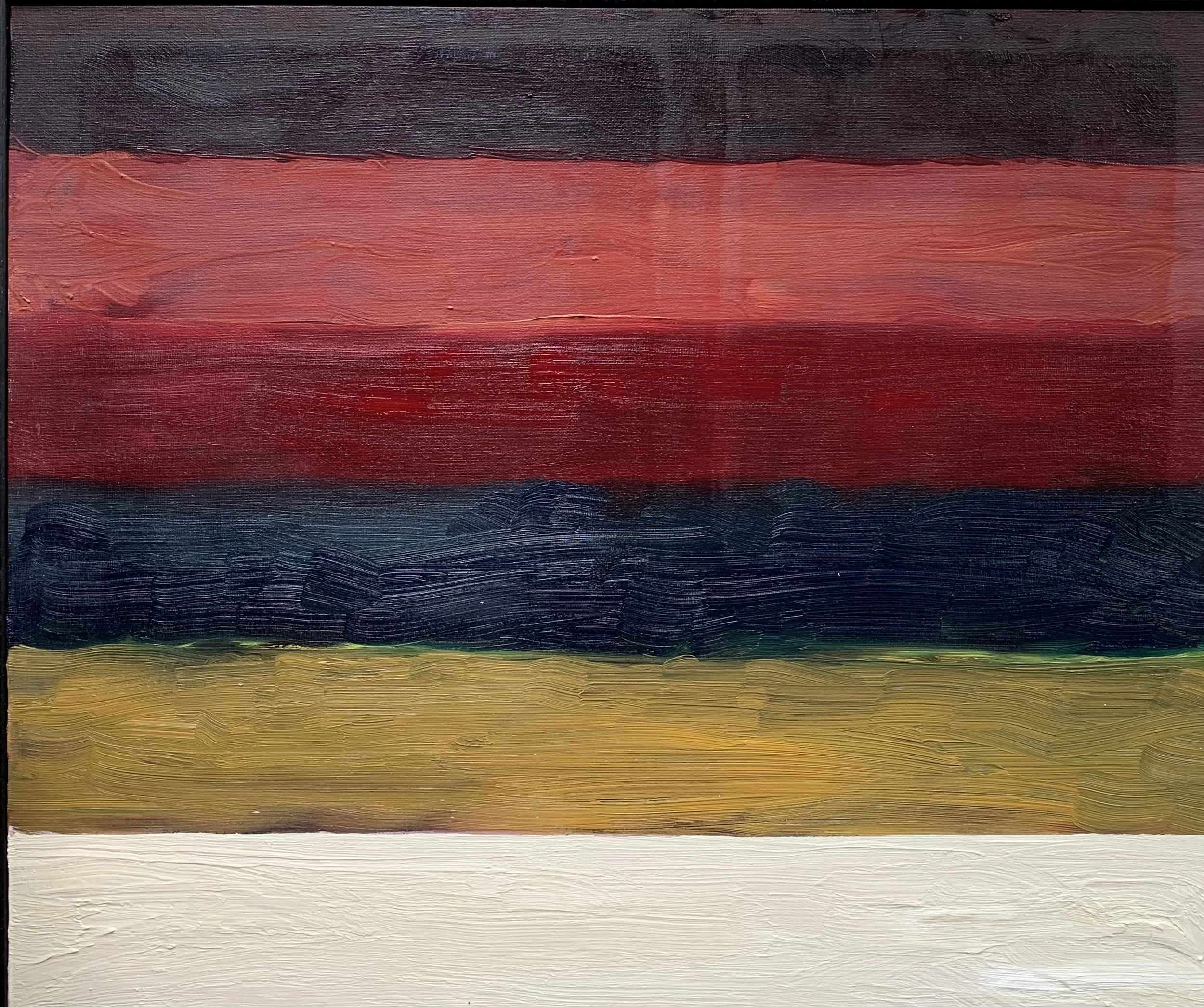 Abstract painting with horizontal colored bands, including black, red, blue, yellow, and white, with visible brushstrokes.